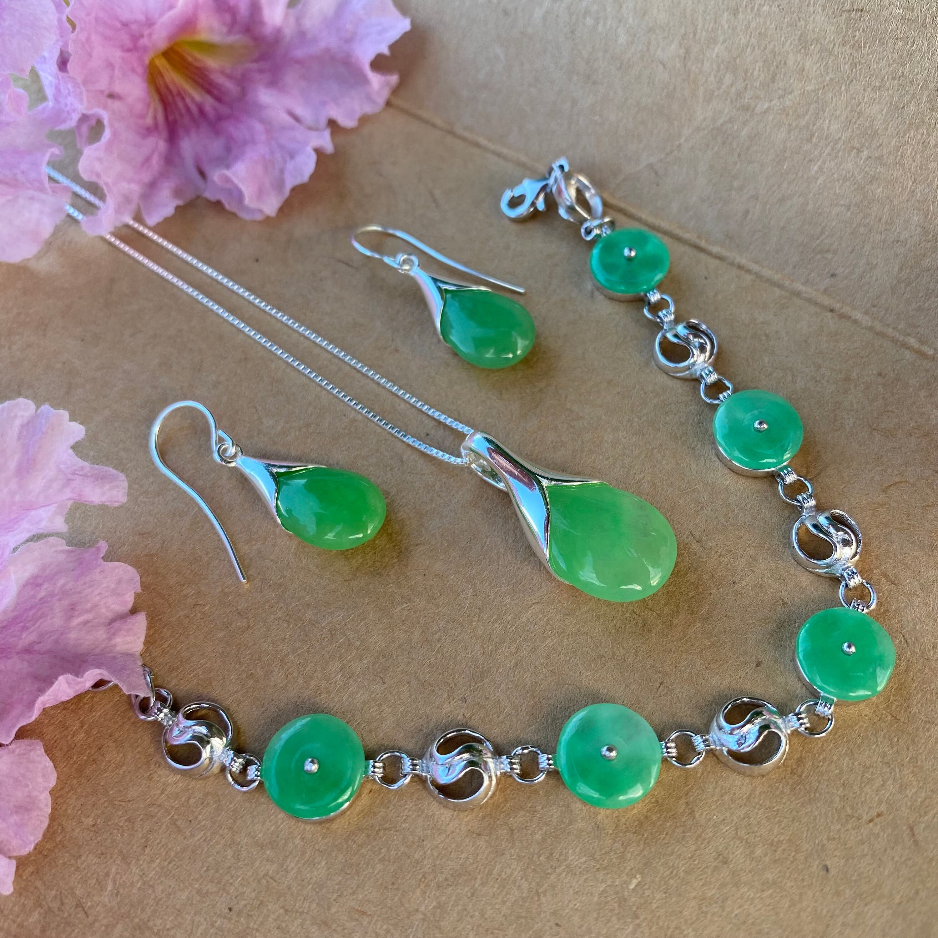 925 Silver Necklace Earrings Bracelet Set with Chrysoprase | Elegant Jewelry Set