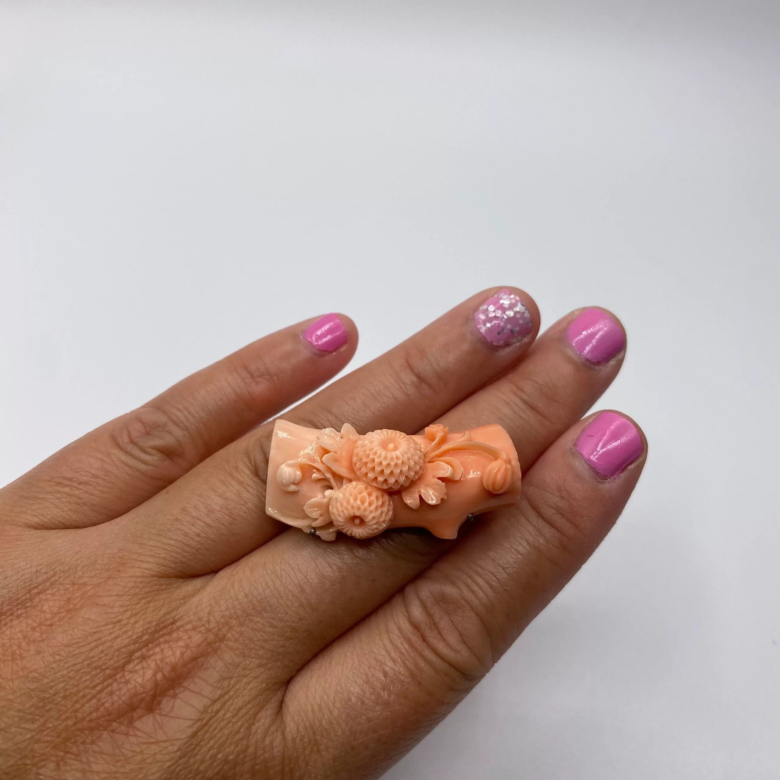 Vintage Intricately Carved Chrysanthemum Coral Japanese Obidome | Vintage Carved Natural Genuine Coral - Image 3