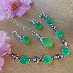 925 Silver Necklace Earrings Bracelet Set with Chrysoprase | Elegant Jewelry Set