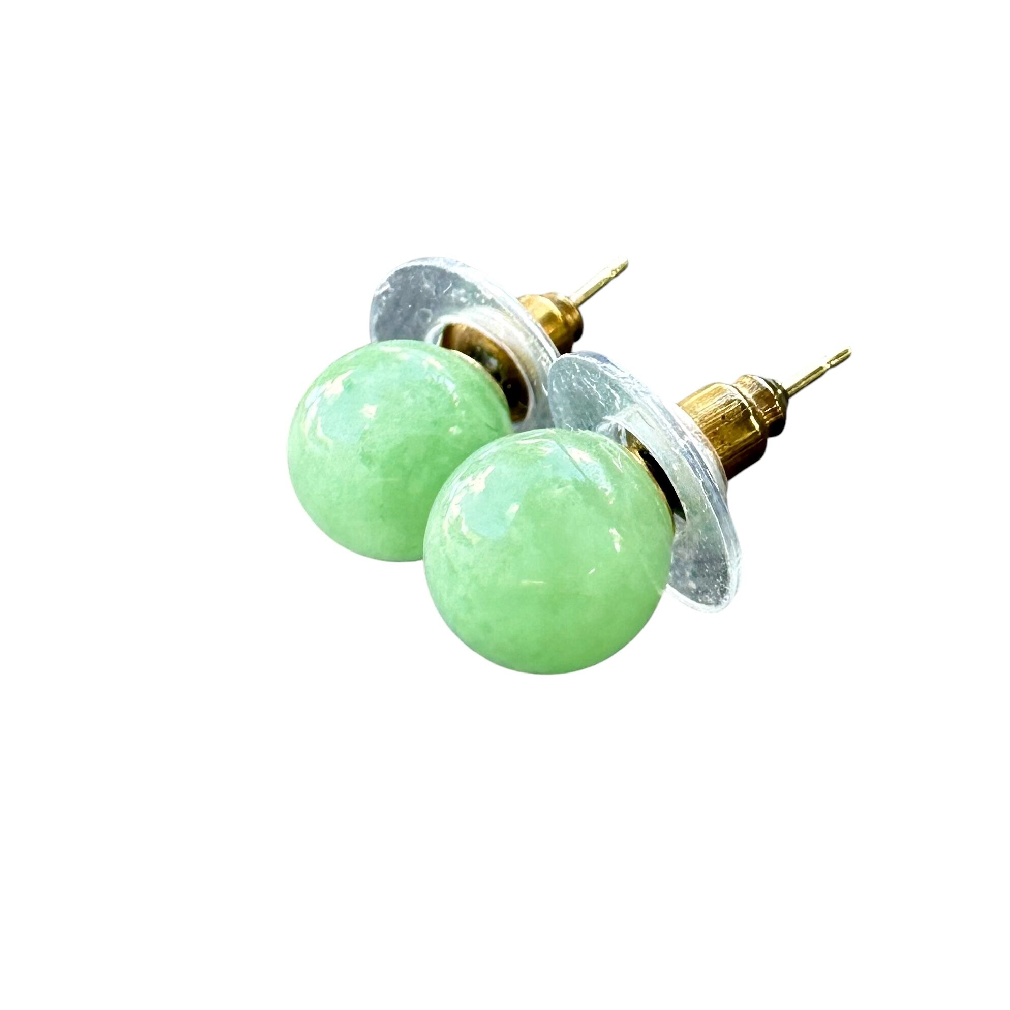 14K Yellow Gold Green Jade Ball Stud Earrings | 8.2mm Light Green Jade - Image 2
