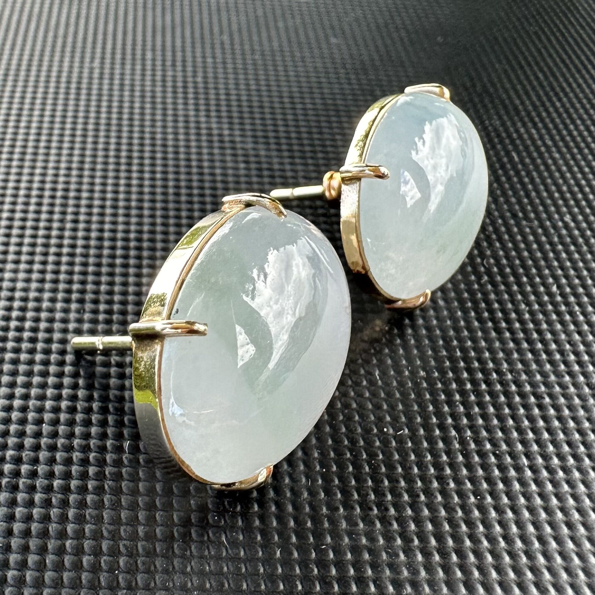 Large 14K Grade A Jade Cabochon Stud Earrings | White & Blushish Gray - Image 5