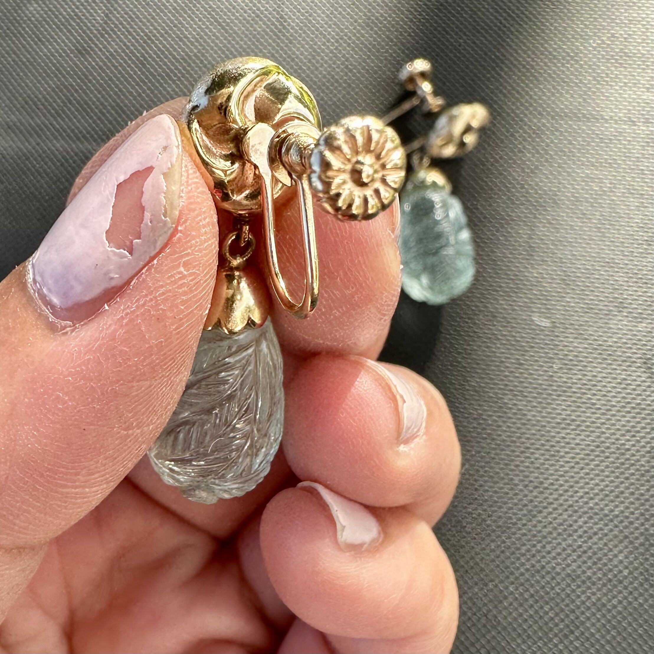 14K Botanical Leaves Carved Blue Topaz Swirl Yellow Gold Screw Back Earrings - Image 10