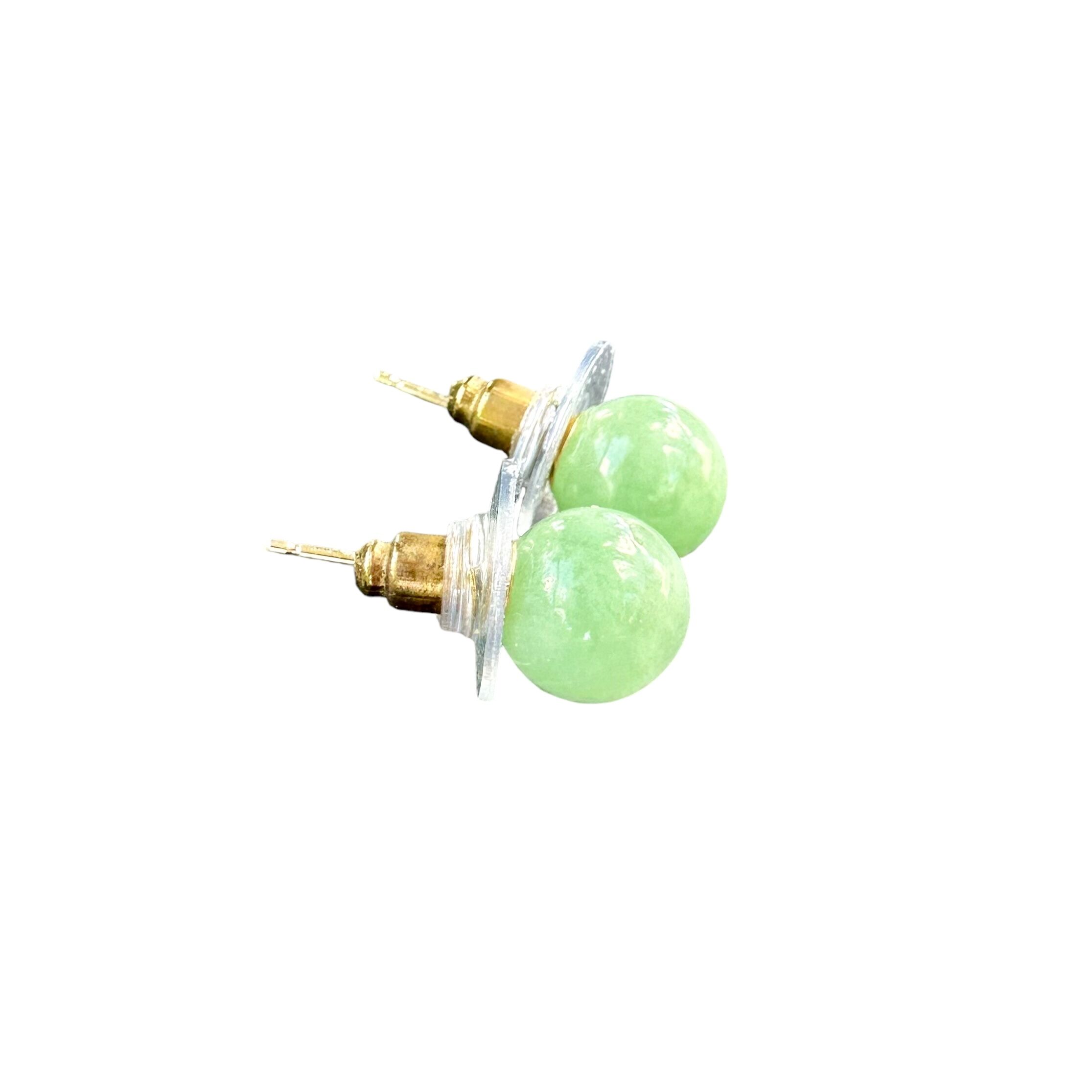 14K Yellow Gold Green Jade Ball Stud Earrings | 8.2mm Light Green Jade - Image 3