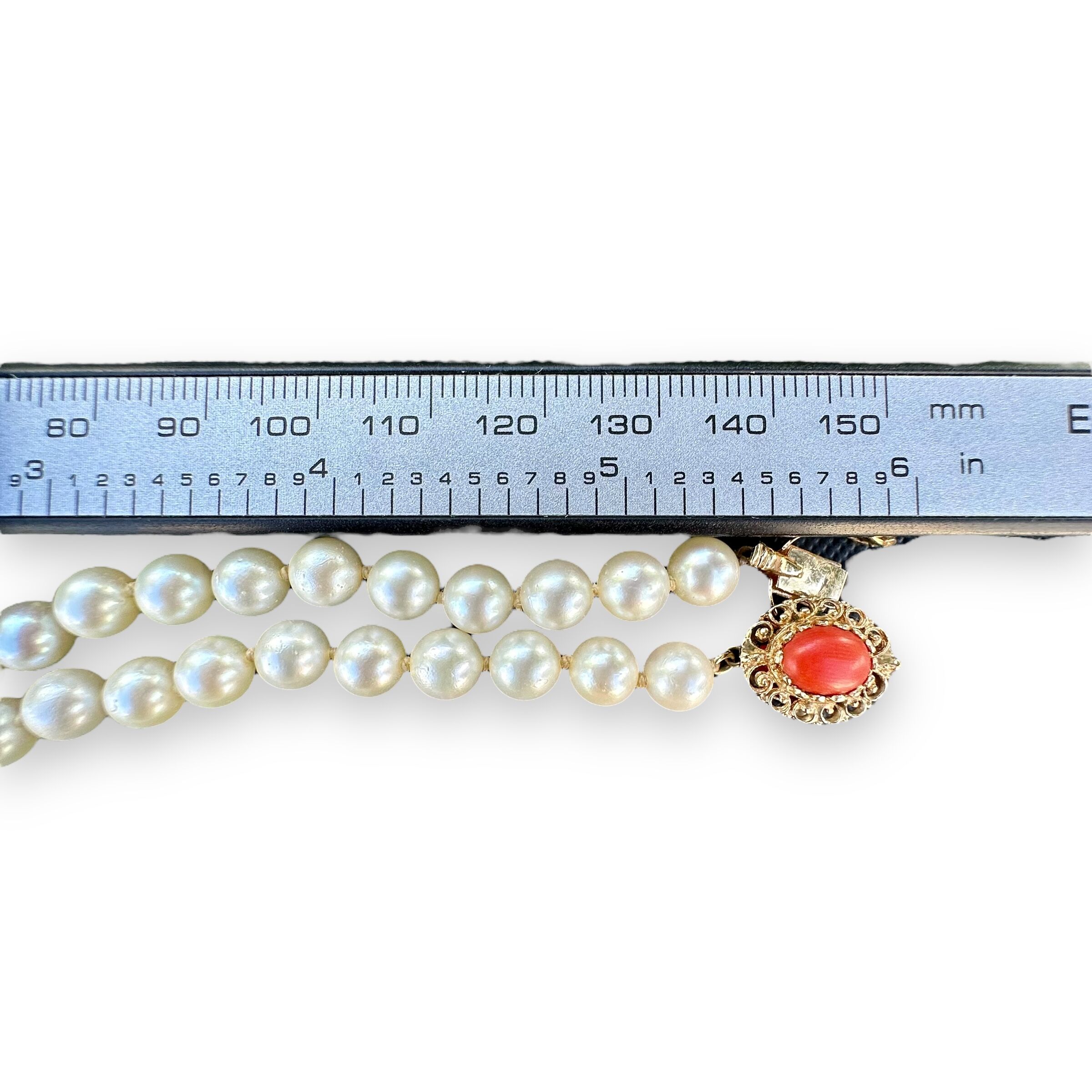 Individually Knotted Pearl Necklace with 14K Yellow Gold Coral Clasp - Image 6