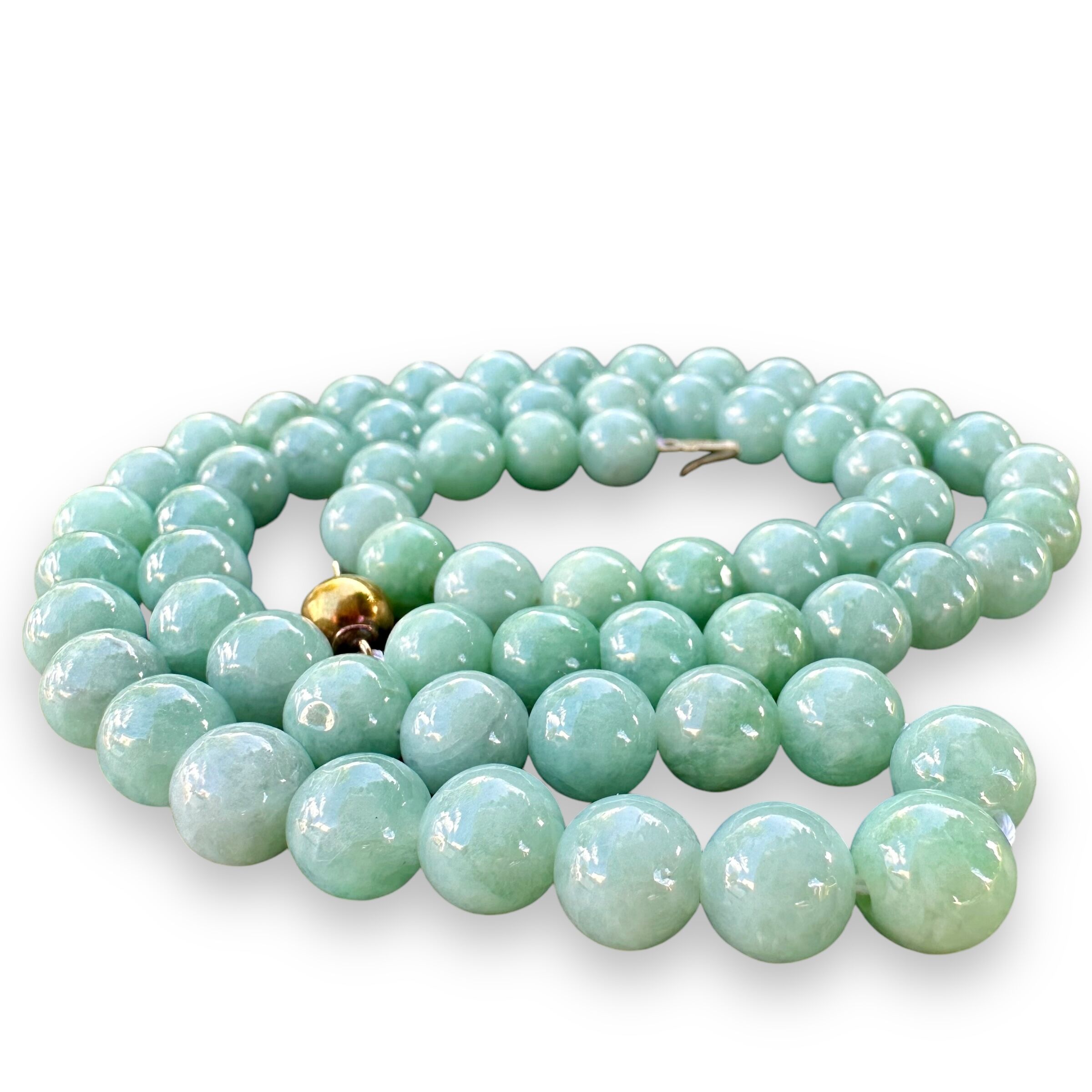 Light Green Jade Beaded Necklace with 14K Yellow Gold Claps