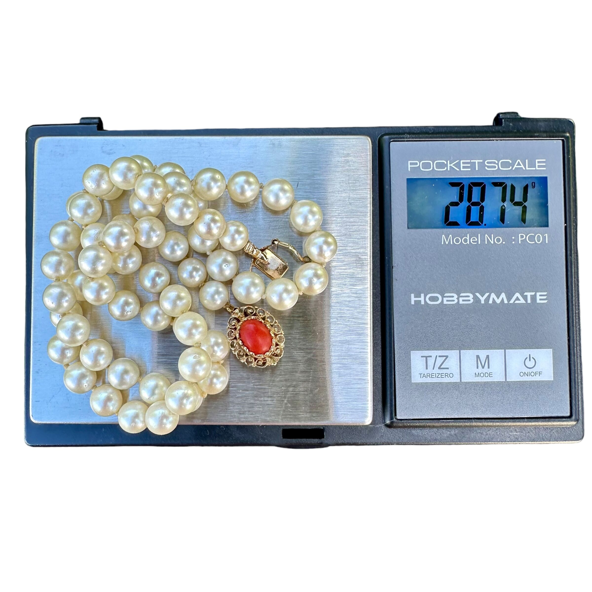 Individually Knotted Pearl Necklace with 14K Yellow Gold Coral Clasp - Image 7