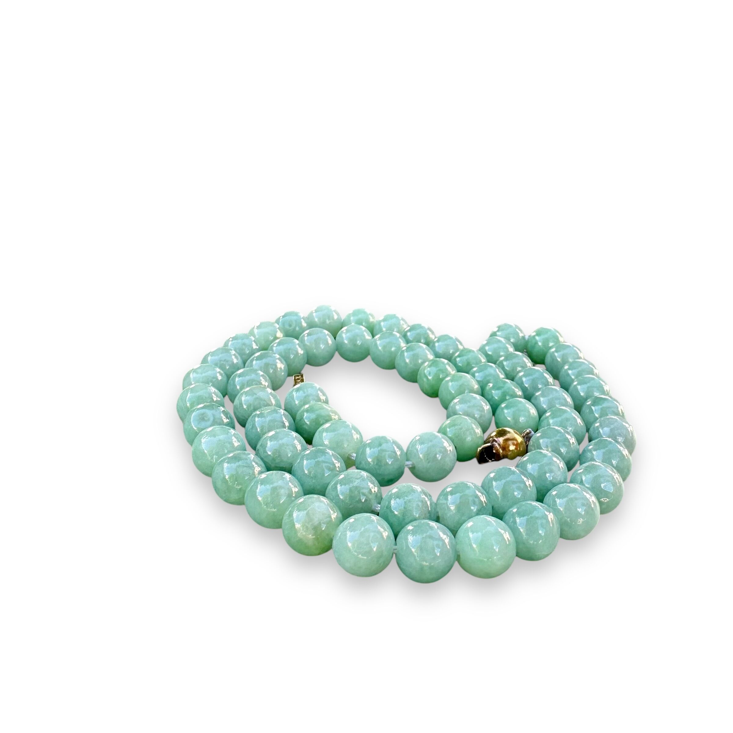 Light Green Jade Beaded Necklace with 14K Yellow Gold Claps - Image 7