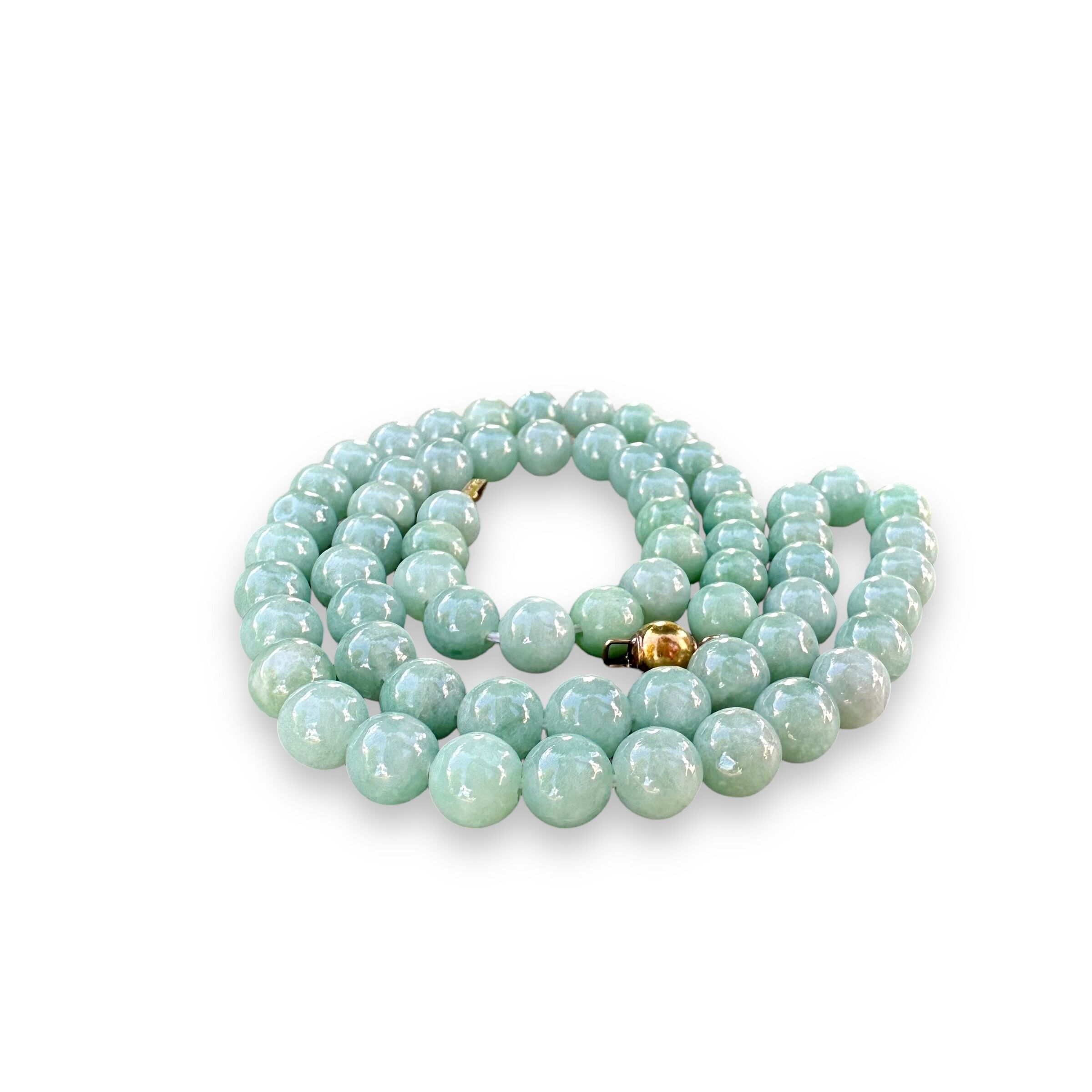 Light Green Jade Beaded Necklace with 14K Yellow Gold Claps - Image 9