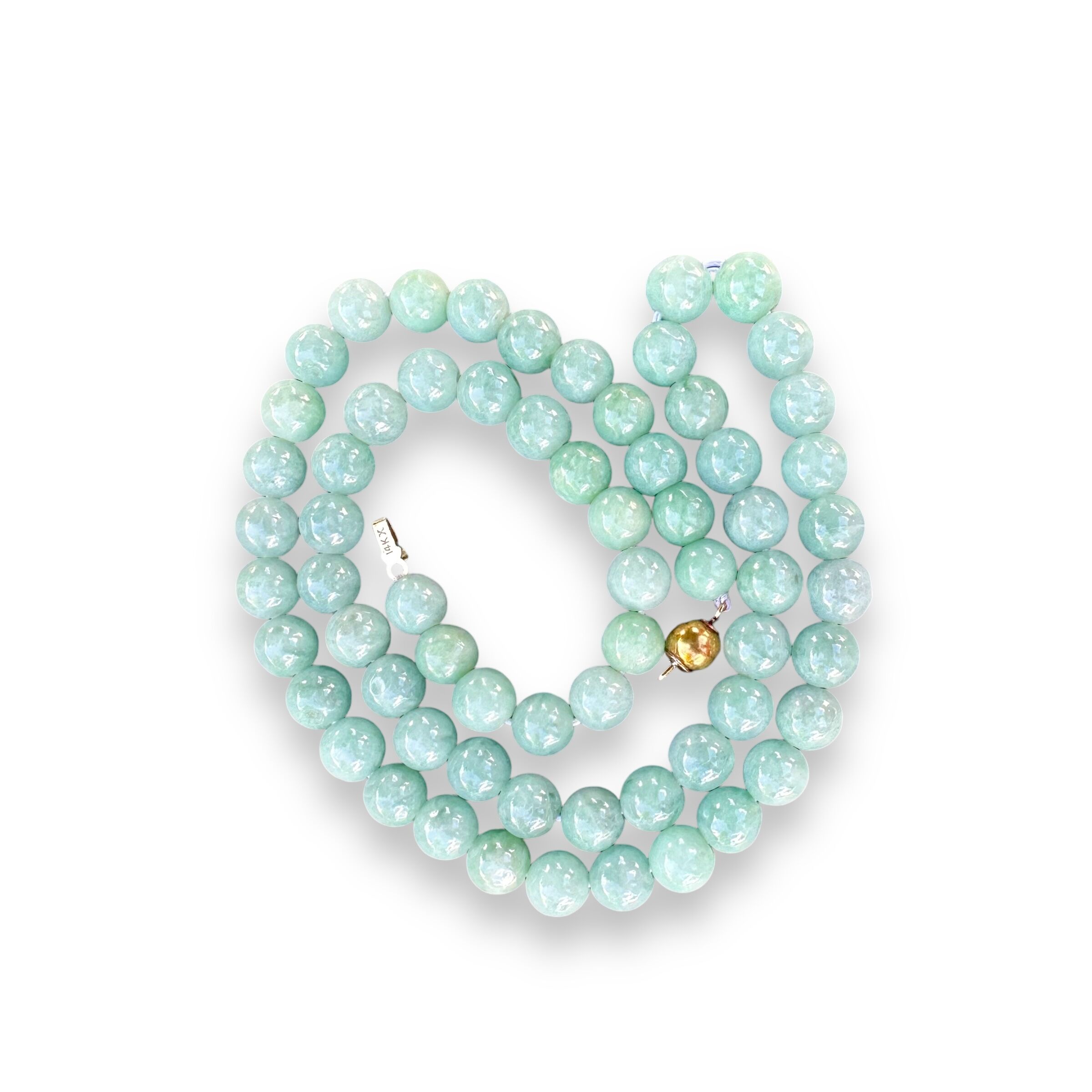 Light Green Jade Beaded Necklace with 14K Yellow Gold Claps - Image 5