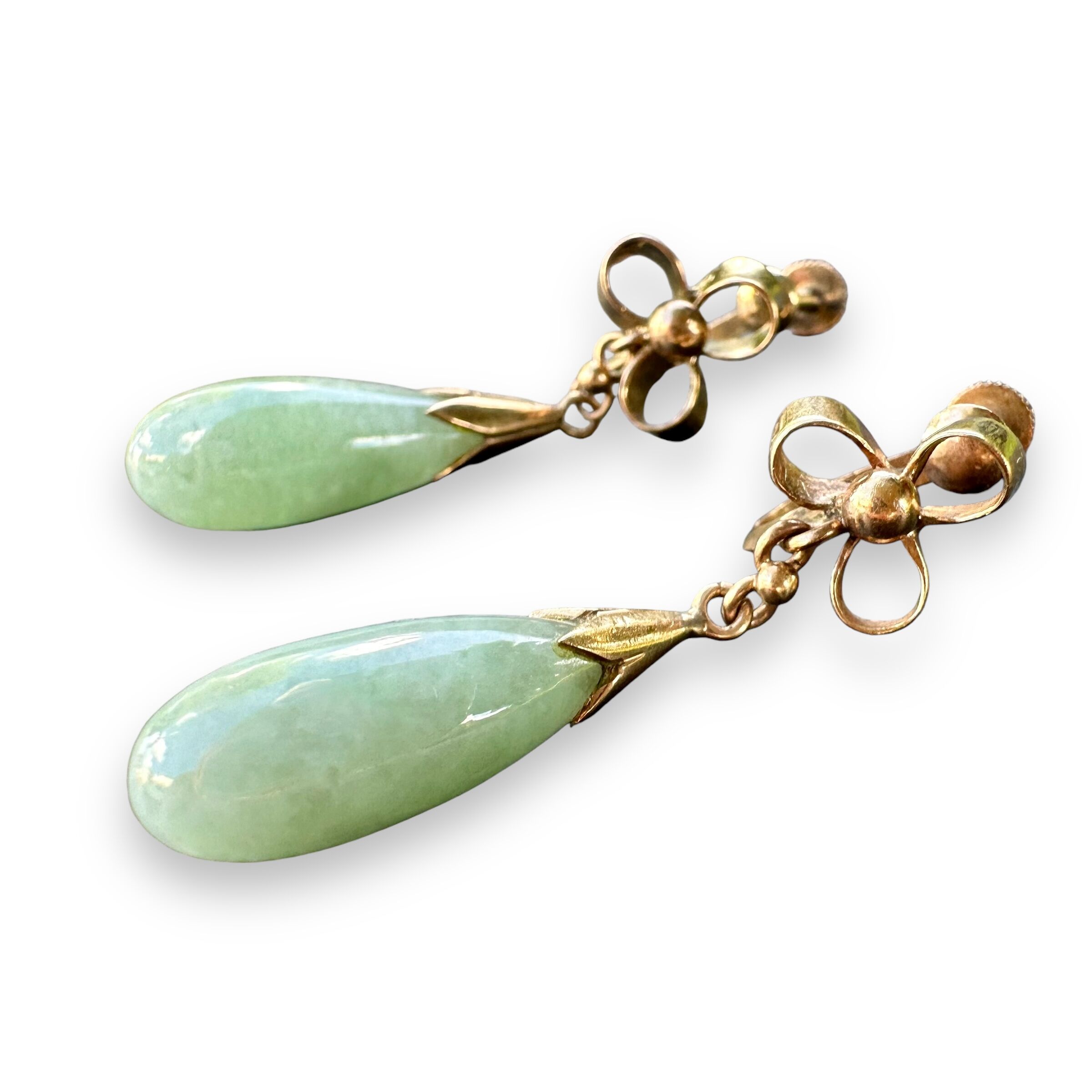 Vintage 14K Gold Dangle Earrings | Green Jade Drop Earrings with Screw Backs | 7.61g - Image 12