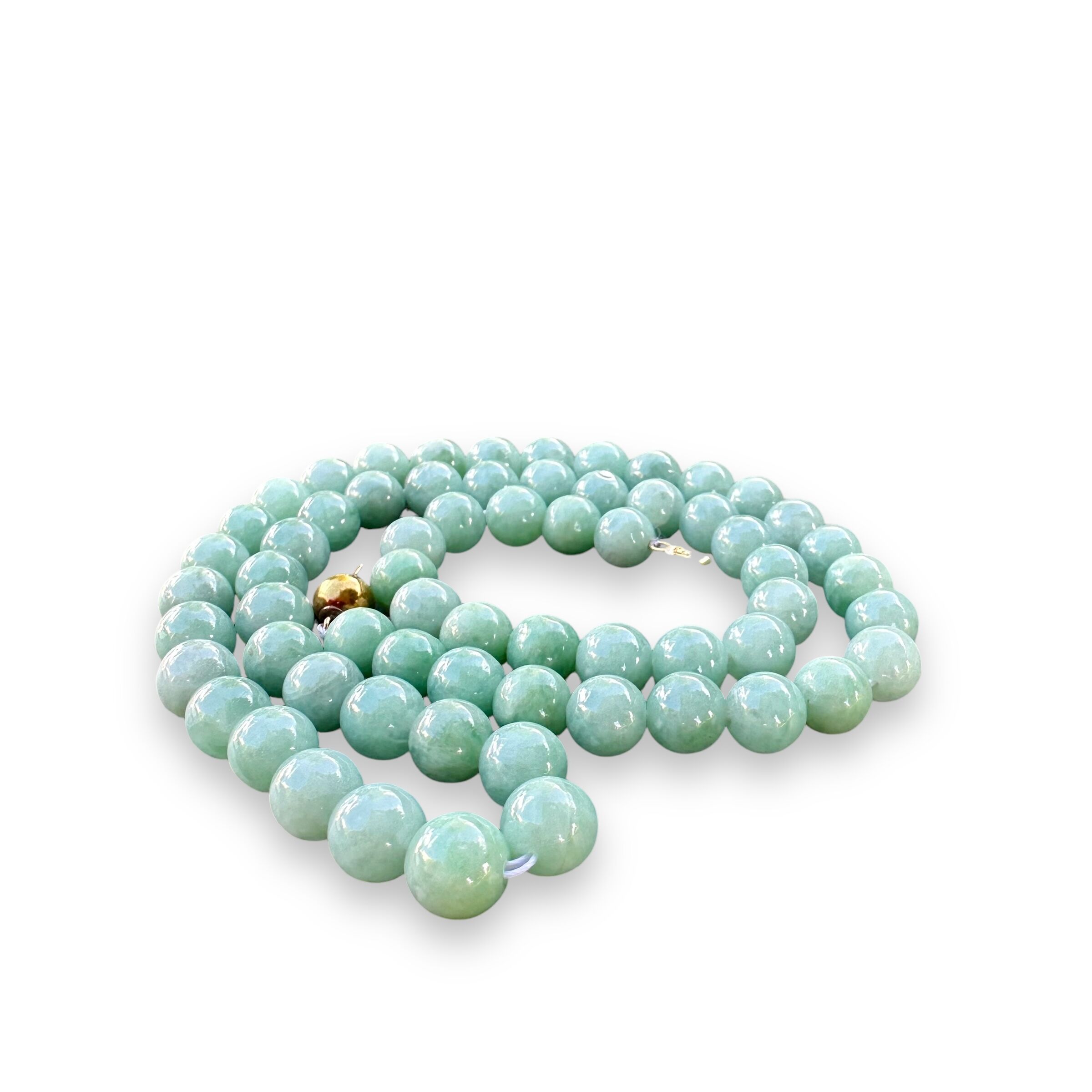 Light Green Jade Beaded Necklace with 14K Yellow Gold Claps - Image 2