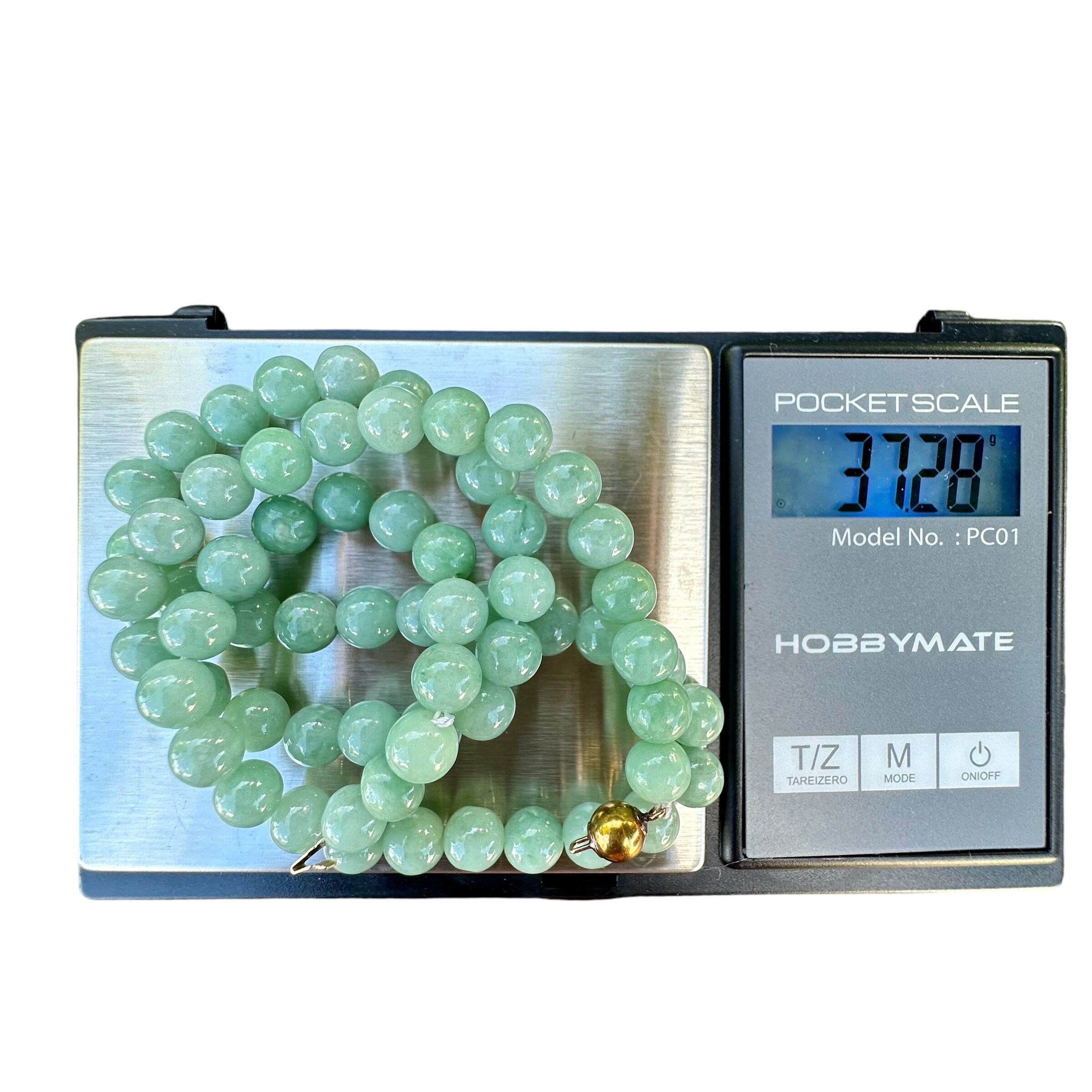 Light Green Jade Beaded Necklace with 14K Yellow Gold Claps - Image 11