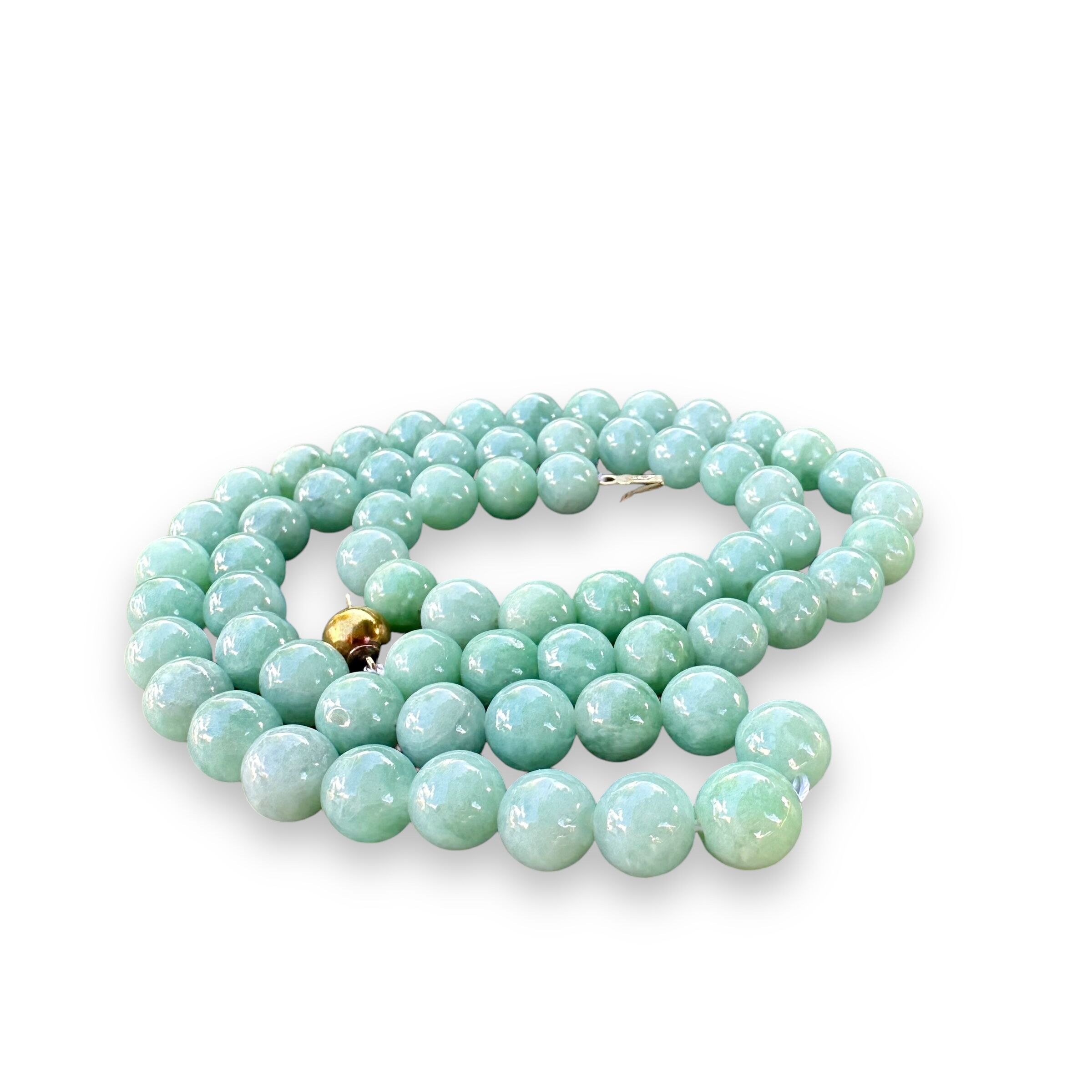 Light Green Jade Beaded Necklace with 14K Yellow Gold Claps - Image 8