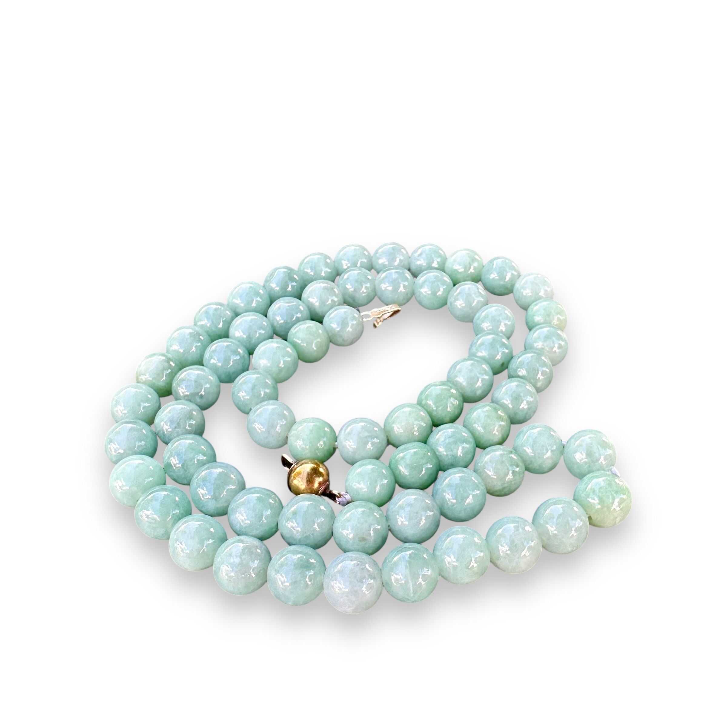 Light Green Jade Beaded Necklace with 14K Yellow Gold Claps - Image 4