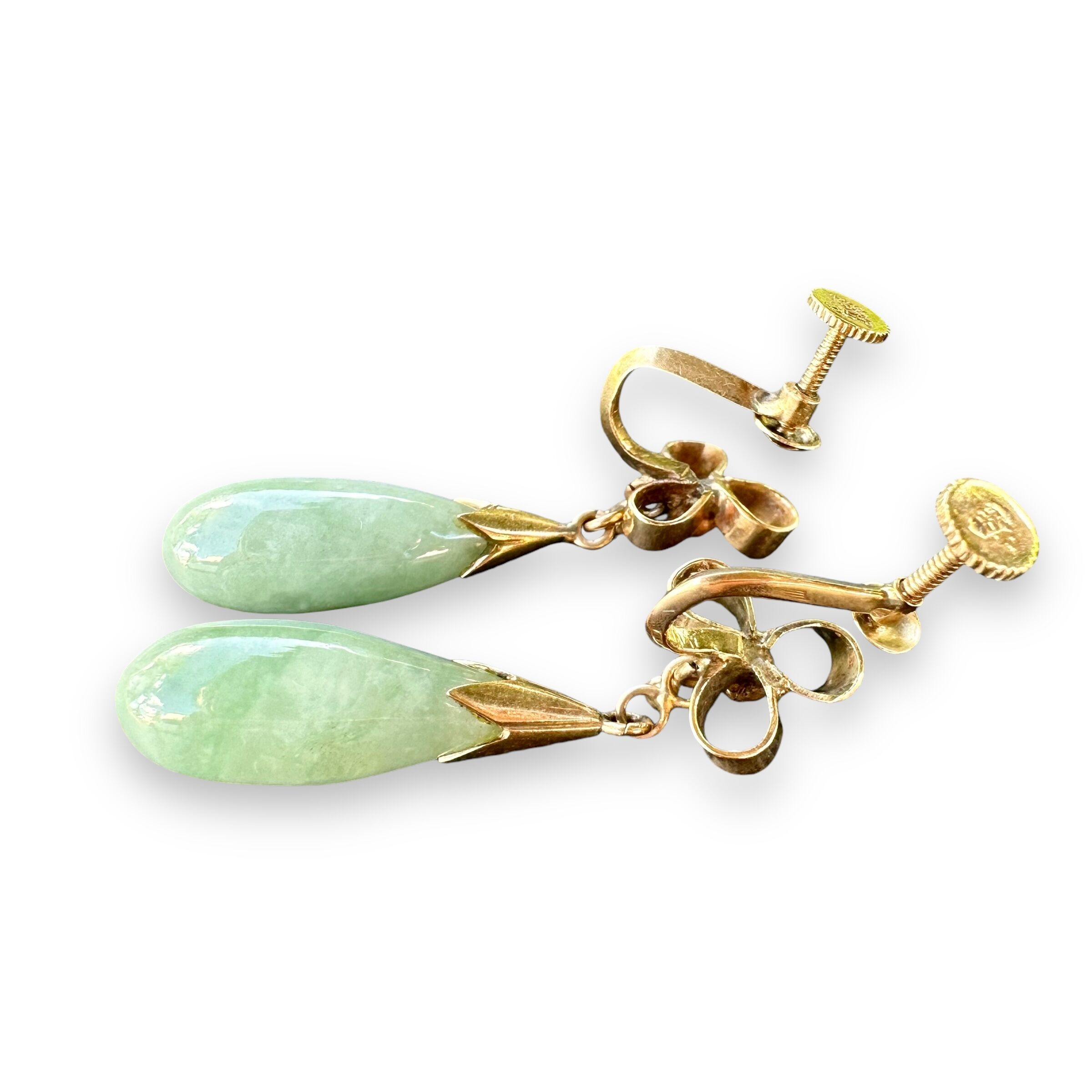 Vintage 14K Gold Dangle Earrings | Green Jade Drop Earrings with Screw Backs | 7.61g - Image 10