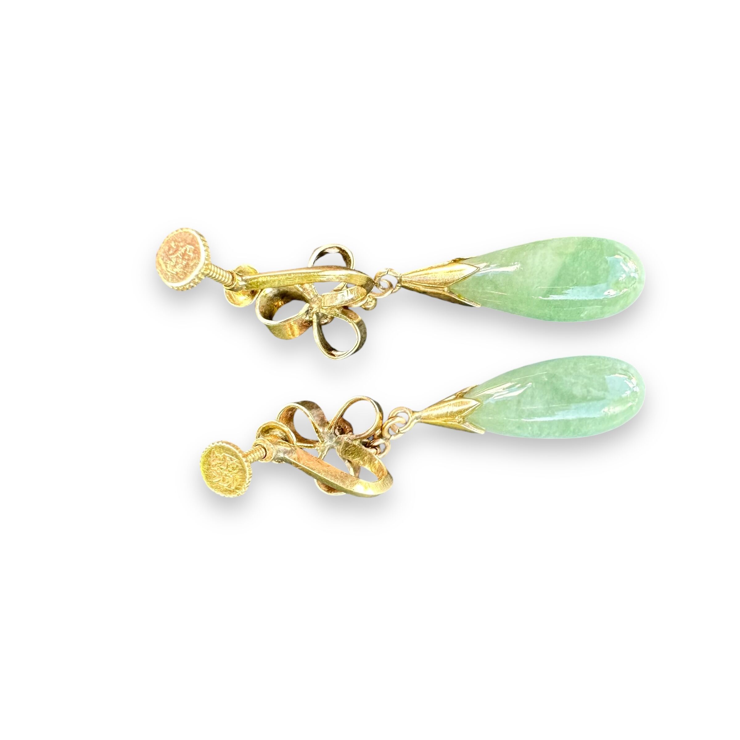 Vintage 14K Gold Dangle Earrings | Green Jade Drop Earrings with Screw Backs | 7.61g - Image 8