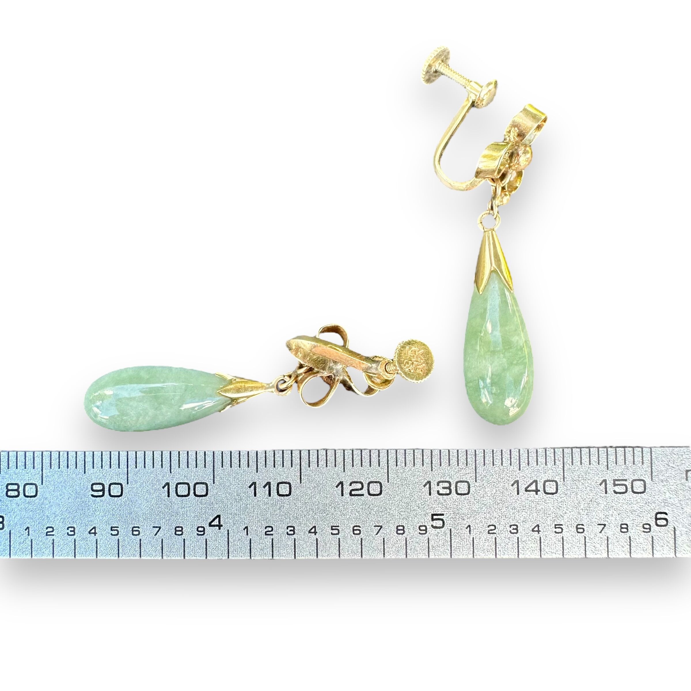 Vintage 14K Gold Dangle Earrings | Green Jade Drop Earrings with Screw Backs | 7.61g - Image 7