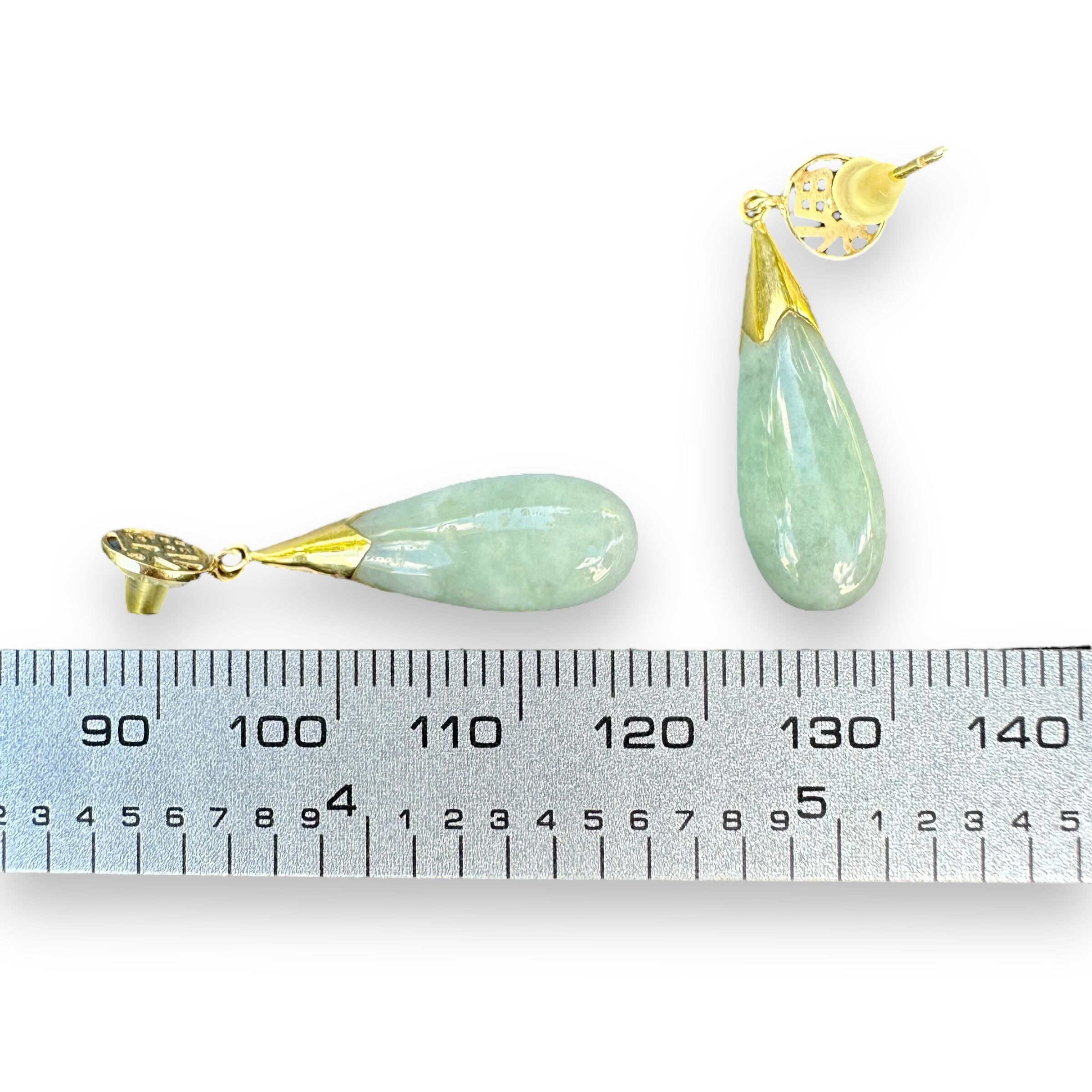 Vintage 14K Gold Light Green Jadeite Teardrop Push Back Stud Dangle Earrings - Image 6