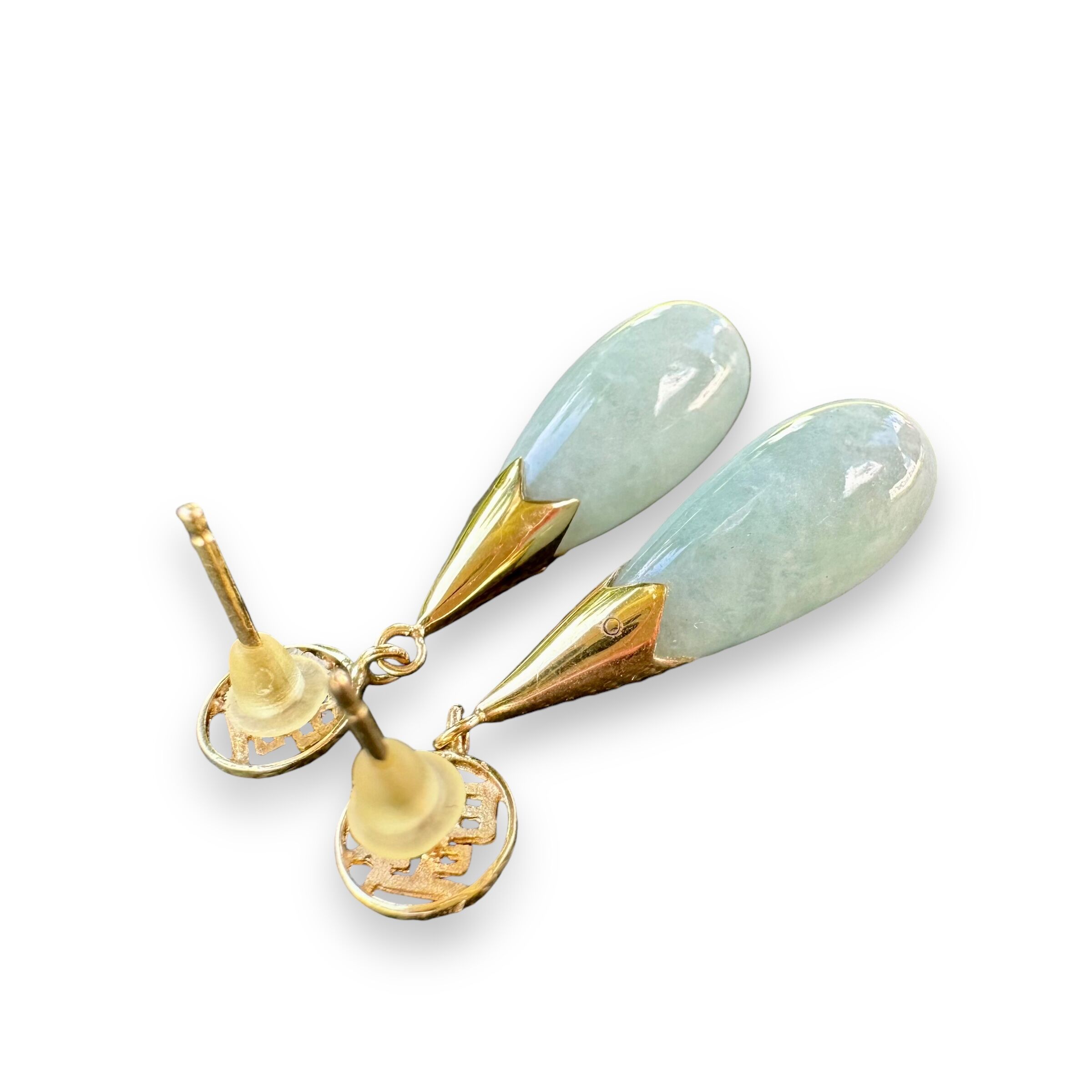 Vintage 14K Gold Light Green Jadeite Teardrop Push Back Stud Dangle Earrings - Image 7