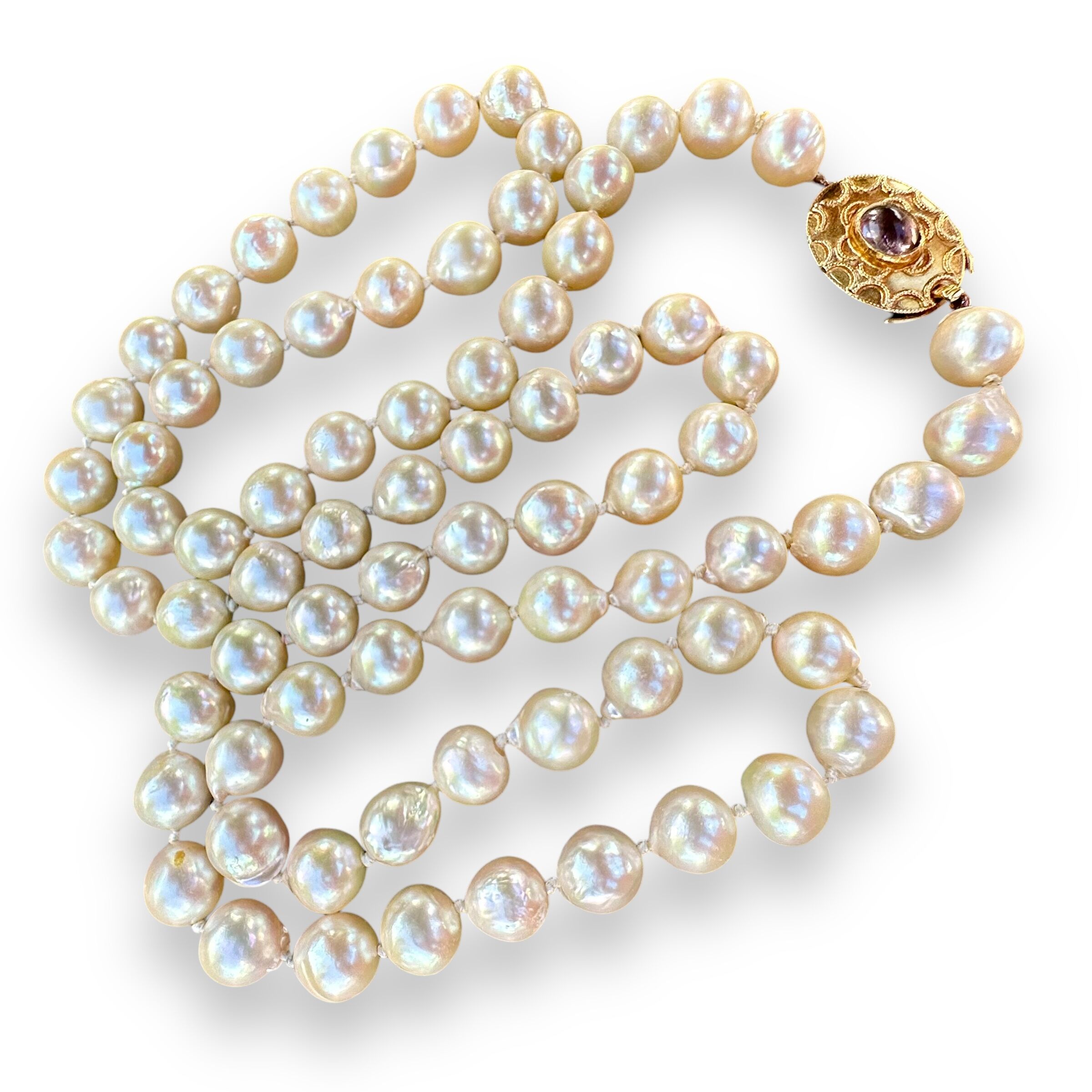 Vintage Long 30" 9.8mm Baroque Pearl 18K Gold Clasp | Individually Knotted | Opera Length - Image 3