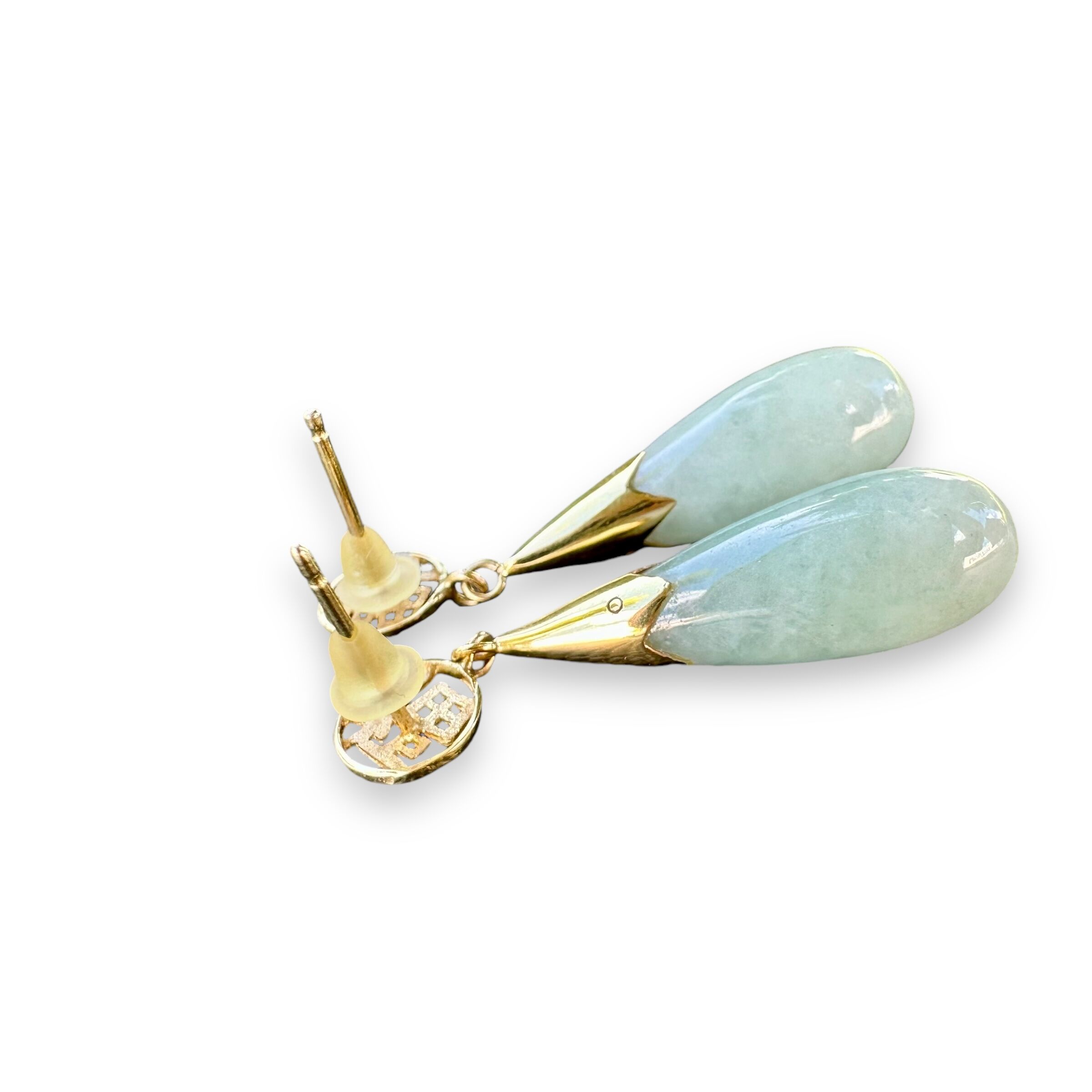 Vintage 14K Gold Light Green Jadeite Teardrop Push Back Stud Dangle Earrings - Image 8