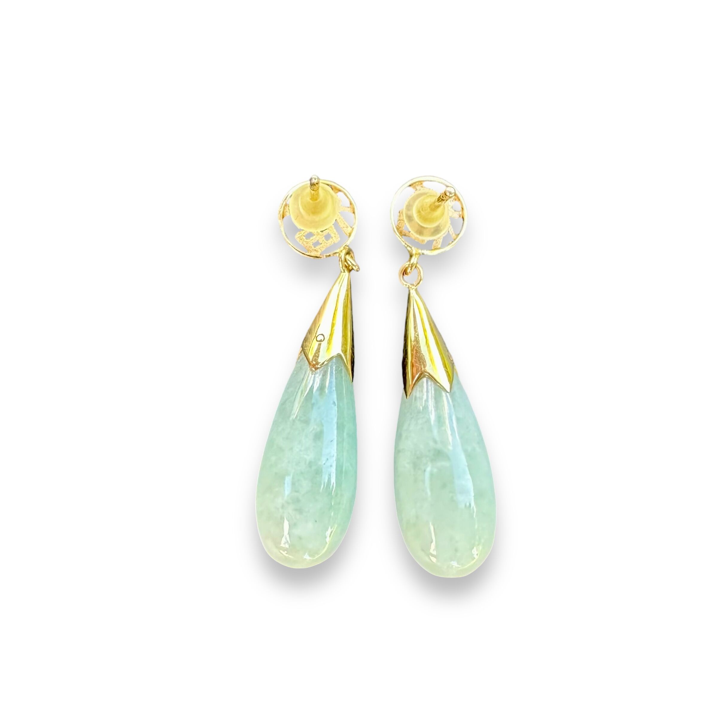 Vintage 14K Gold Light Green Jadeite Teardrop Push Back Stud Dangle Earrings - Image 2