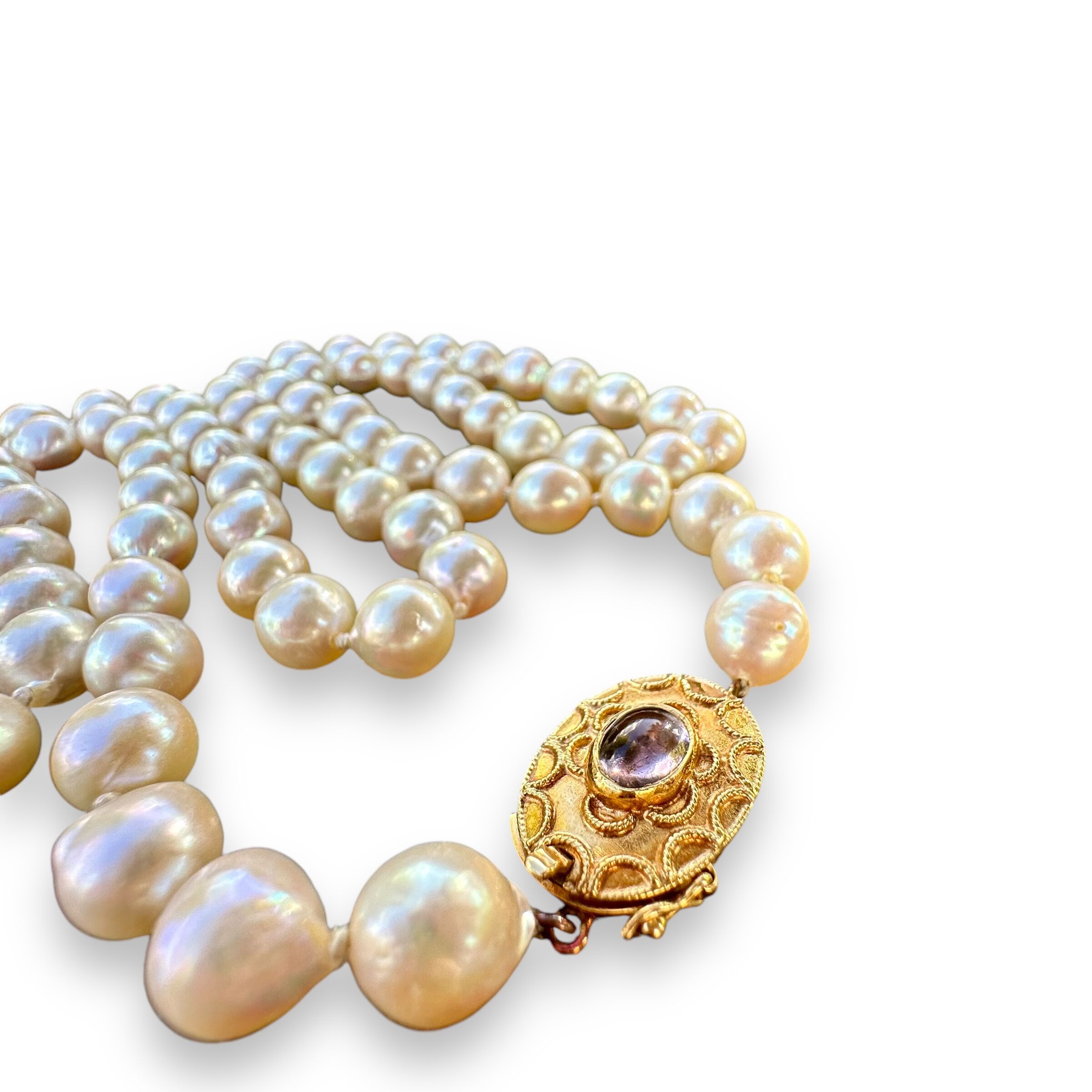 Vintage Long 30" 9.8mm Baroque Pearl 18K Gold Clasp | Individually Knotted | Opera Length