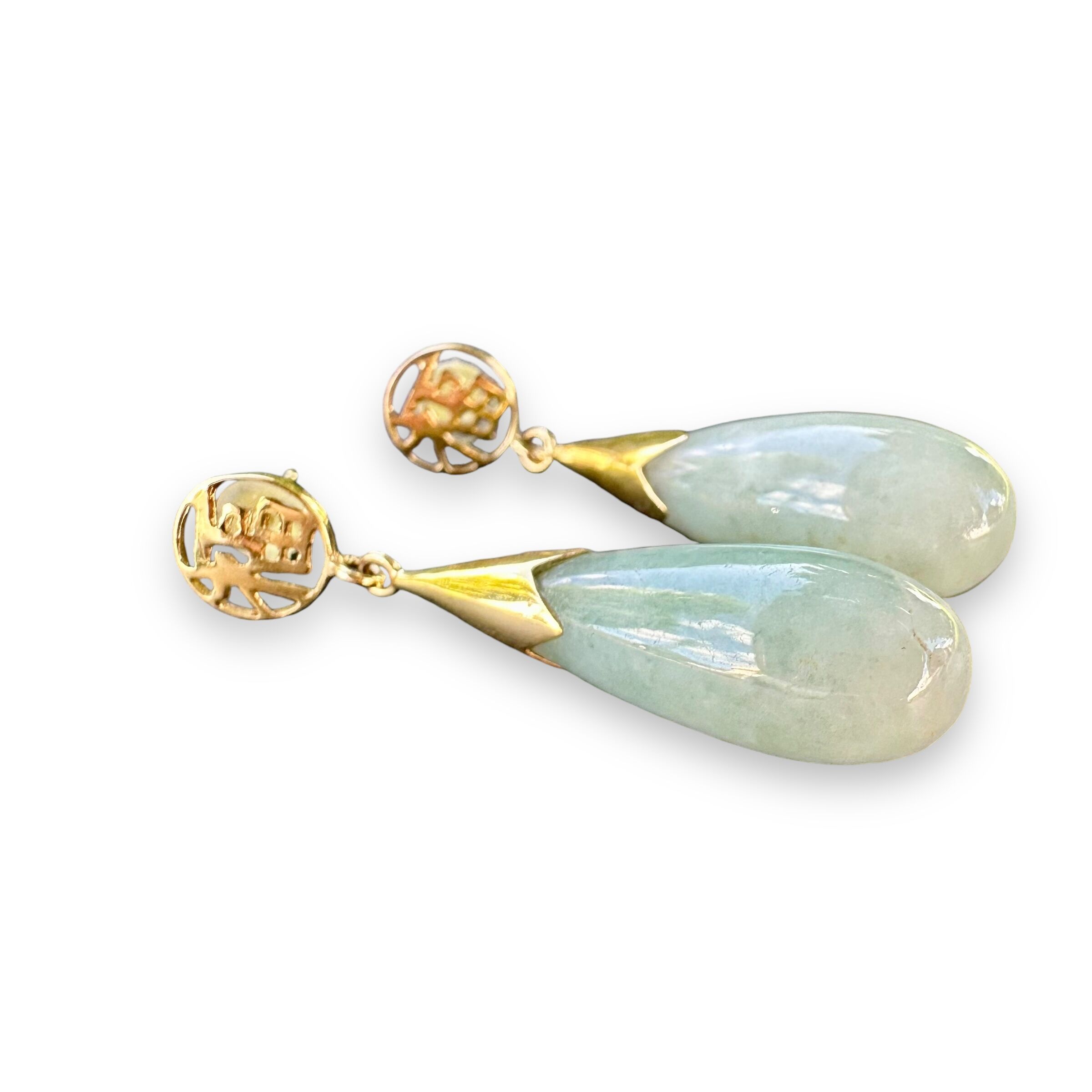 Vintage 14K Gold Light Green Jadeite Teardrop Push Back Stud Dangle Earrings - Image 5