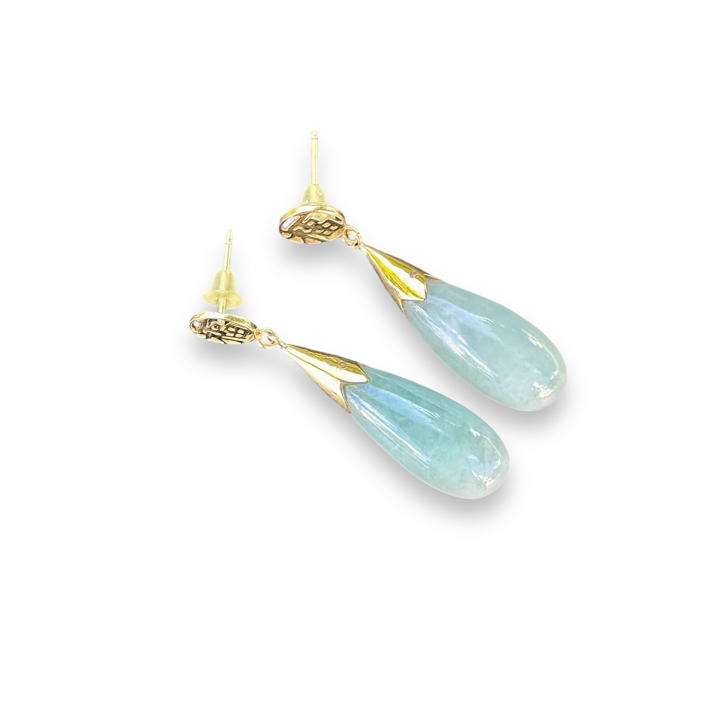 Vintage 14K Gold Light Green Jadeite Teardrop Push Back Stud Dangle Earrings - Image 4