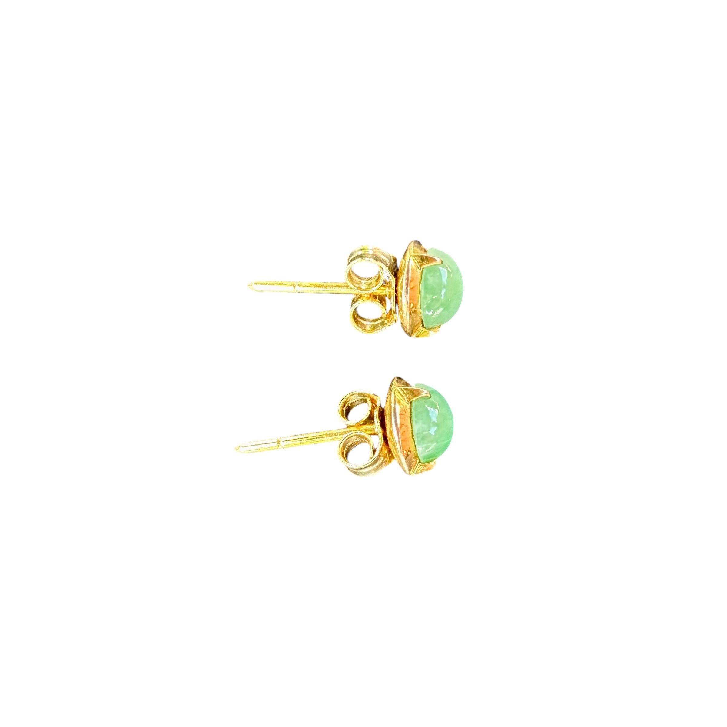 14K Apple Green Jade Yellow Gold Art Deco Stud Earrings