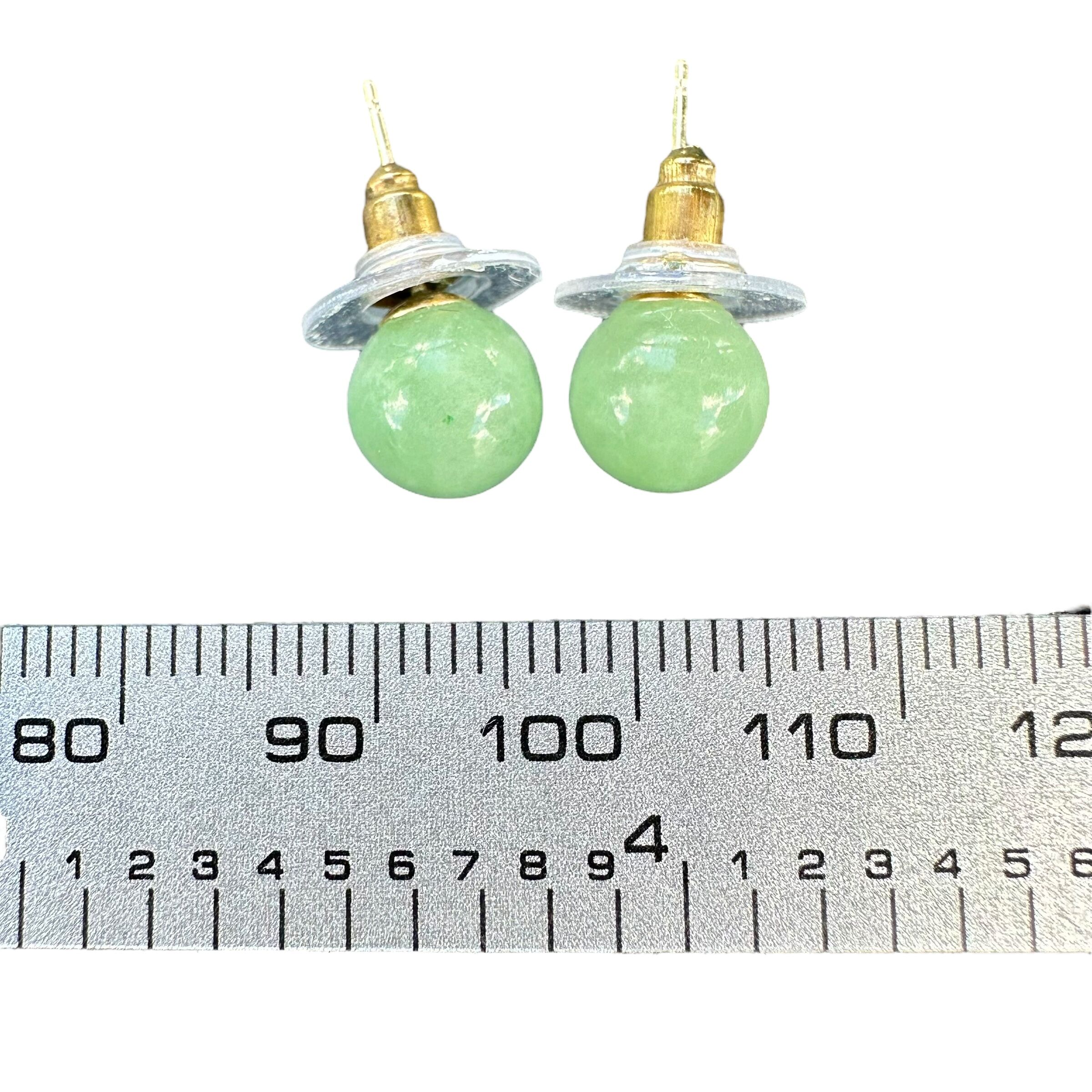 14K Yellow Gold Green Jade Ball Stud Earrings | 8.2mm Light Green Jade - Image 5
