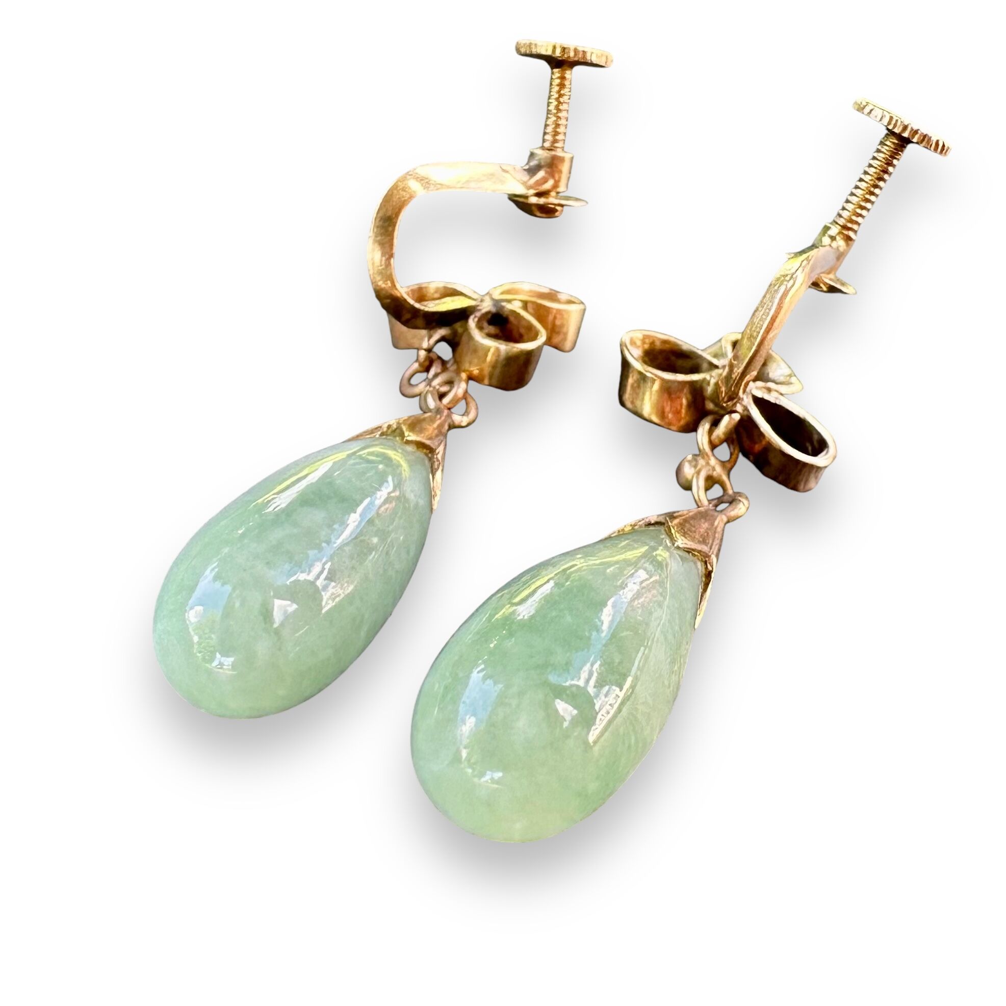 Vintage 14K Gold Dangle Earrings | Green Jade Drop Earrings with Screw Backs | 7.61g - Image 9