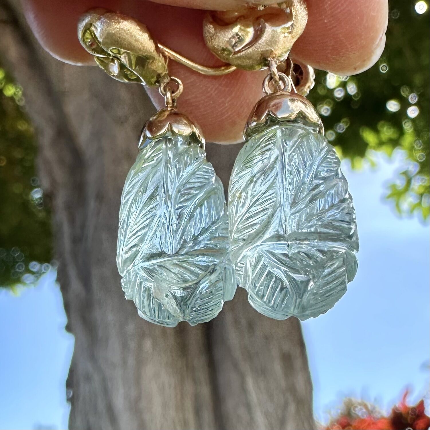 14K Botanical Leaves Carved Blue Topaz Swirl Yellow Gold Screw Back Earrings - Image 8