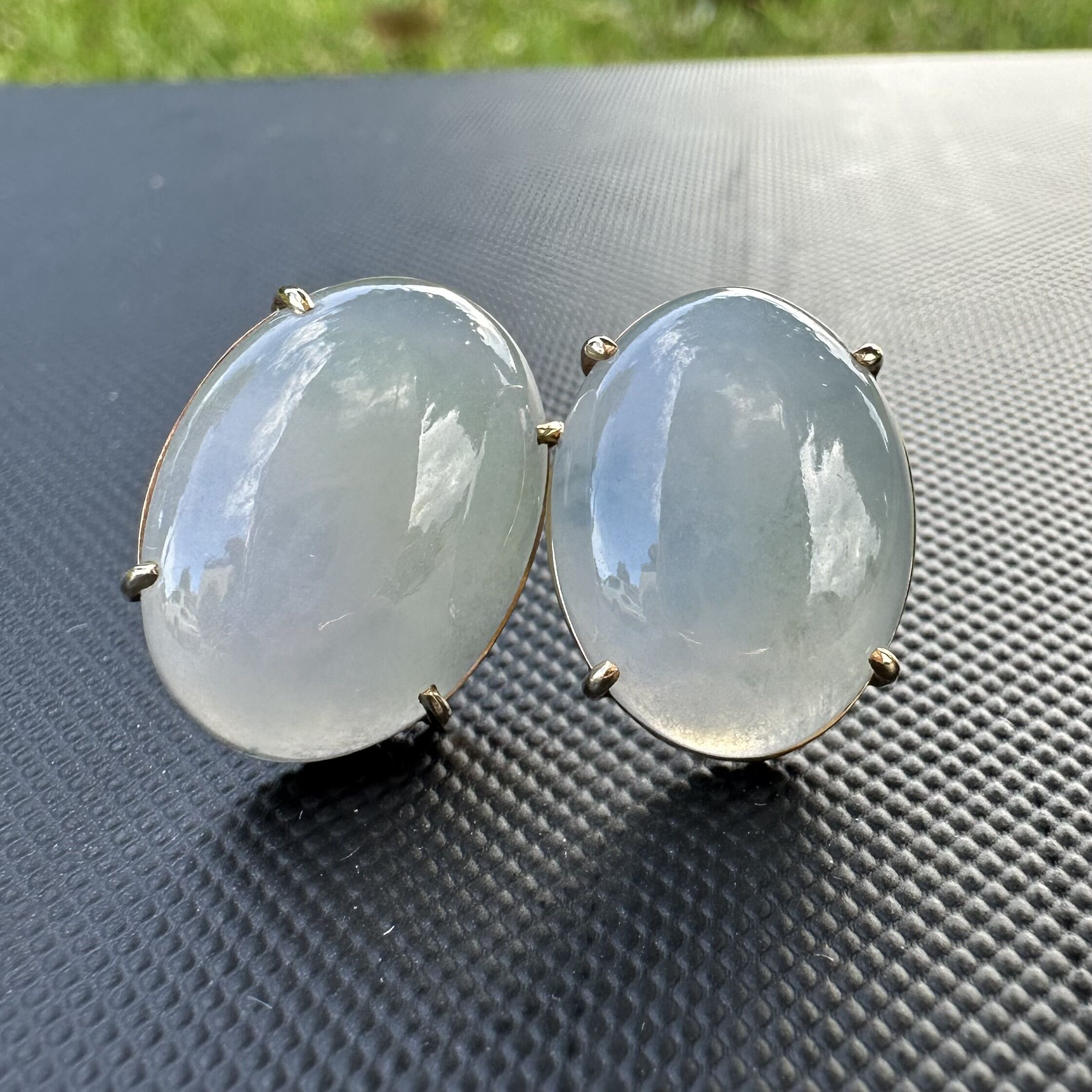 Large 14K Grade A Jade Cabochon Stud Earrings | White & Blushish Gray