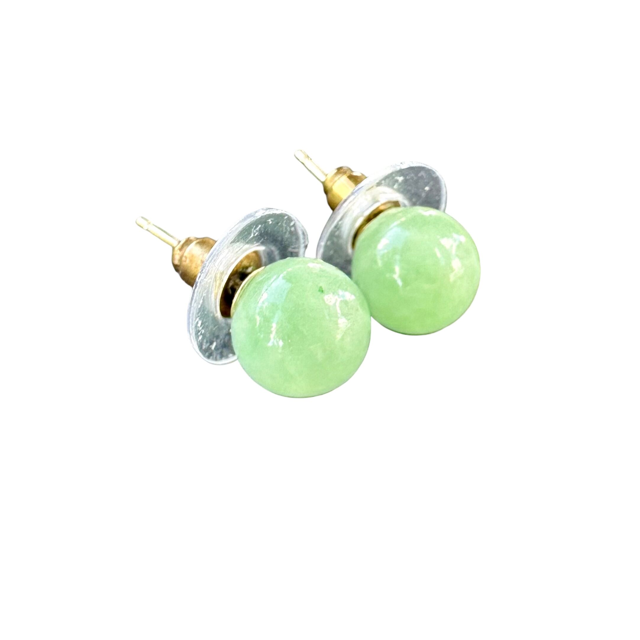 14K Yellow Gold Green Jade Ball Stud Earrings | 8.2mm Light Green Jade - Image 4