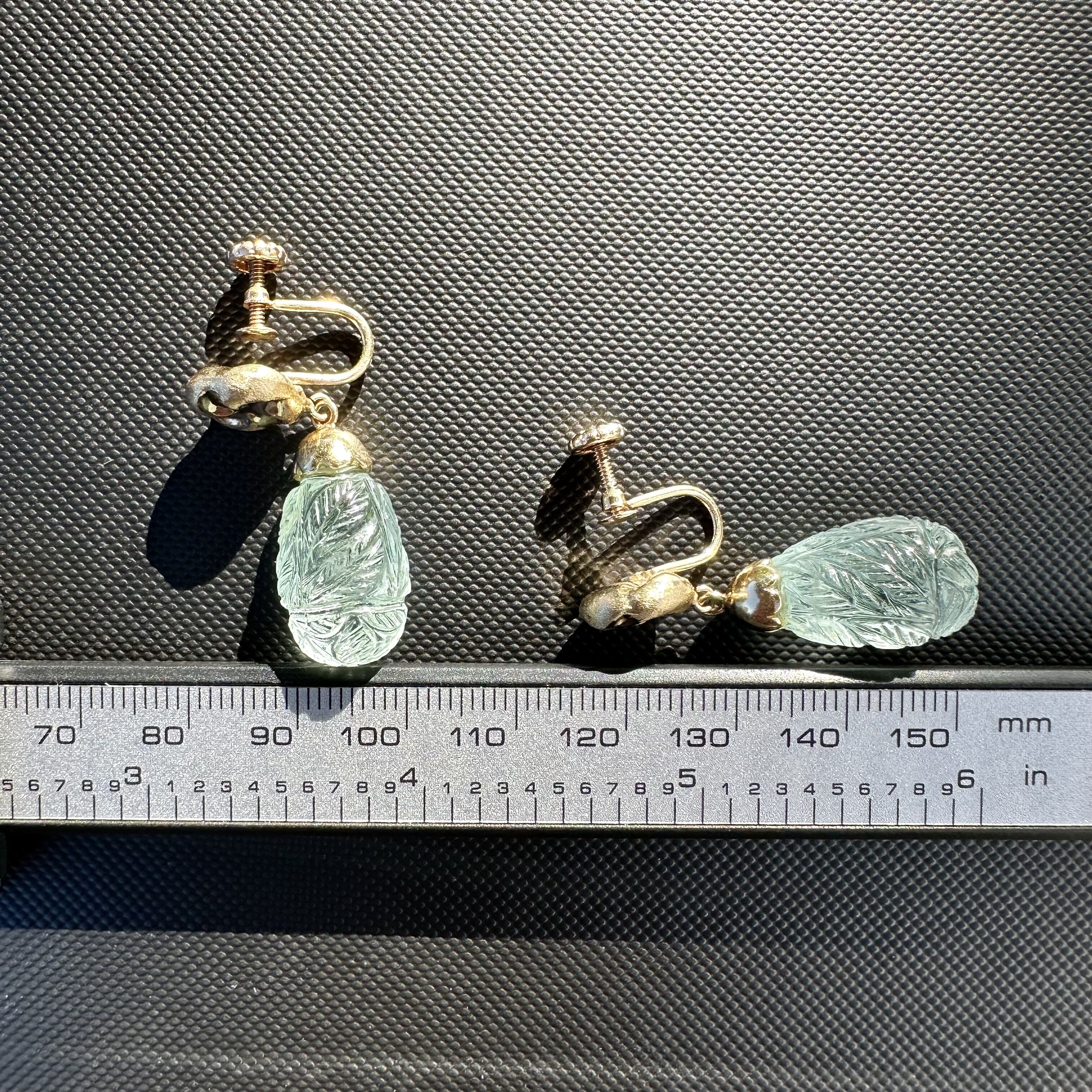 14K Botanical Leaves Carved Blue Topaz Swirl Yellow Gold Screw Back Earrings - Image 11