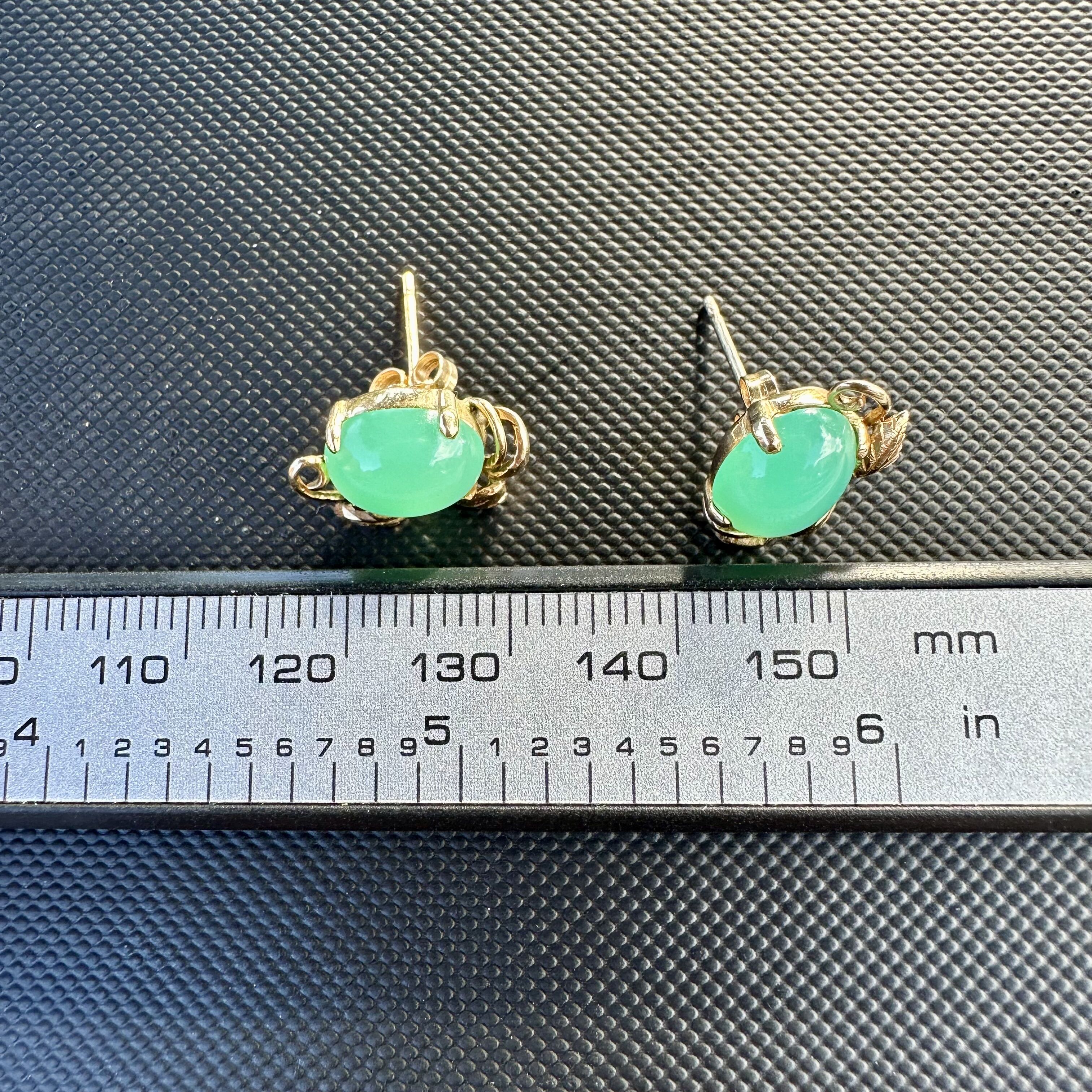 14K Yellow Gold Scrolled Botanical Leaves Earrings with Chrysoprase | 3.13g - Image 9