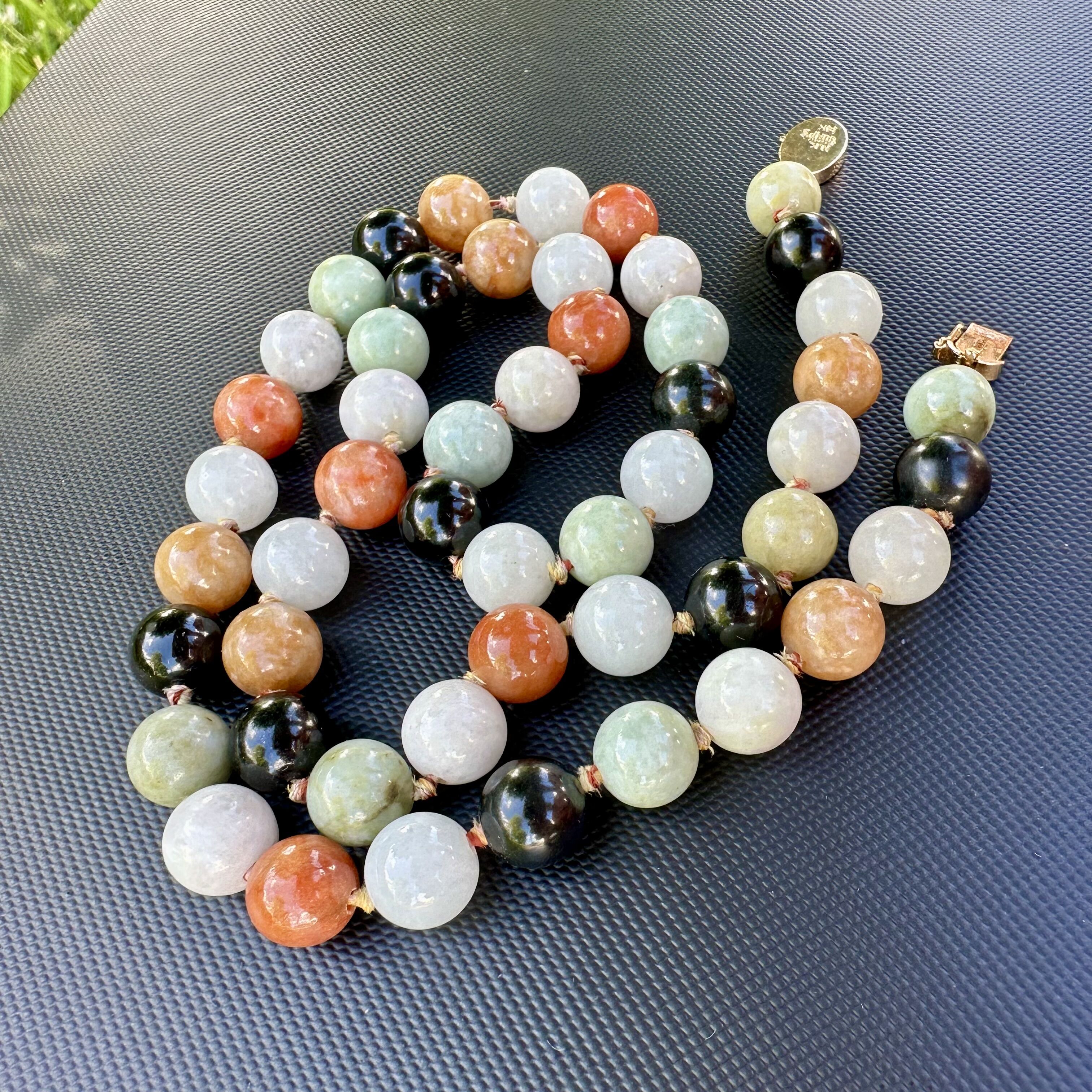 Gump's 9mm Multicolor Jade Necklace with Gump's Signature 14K Yellow Gold Clasp 20" - Image 4