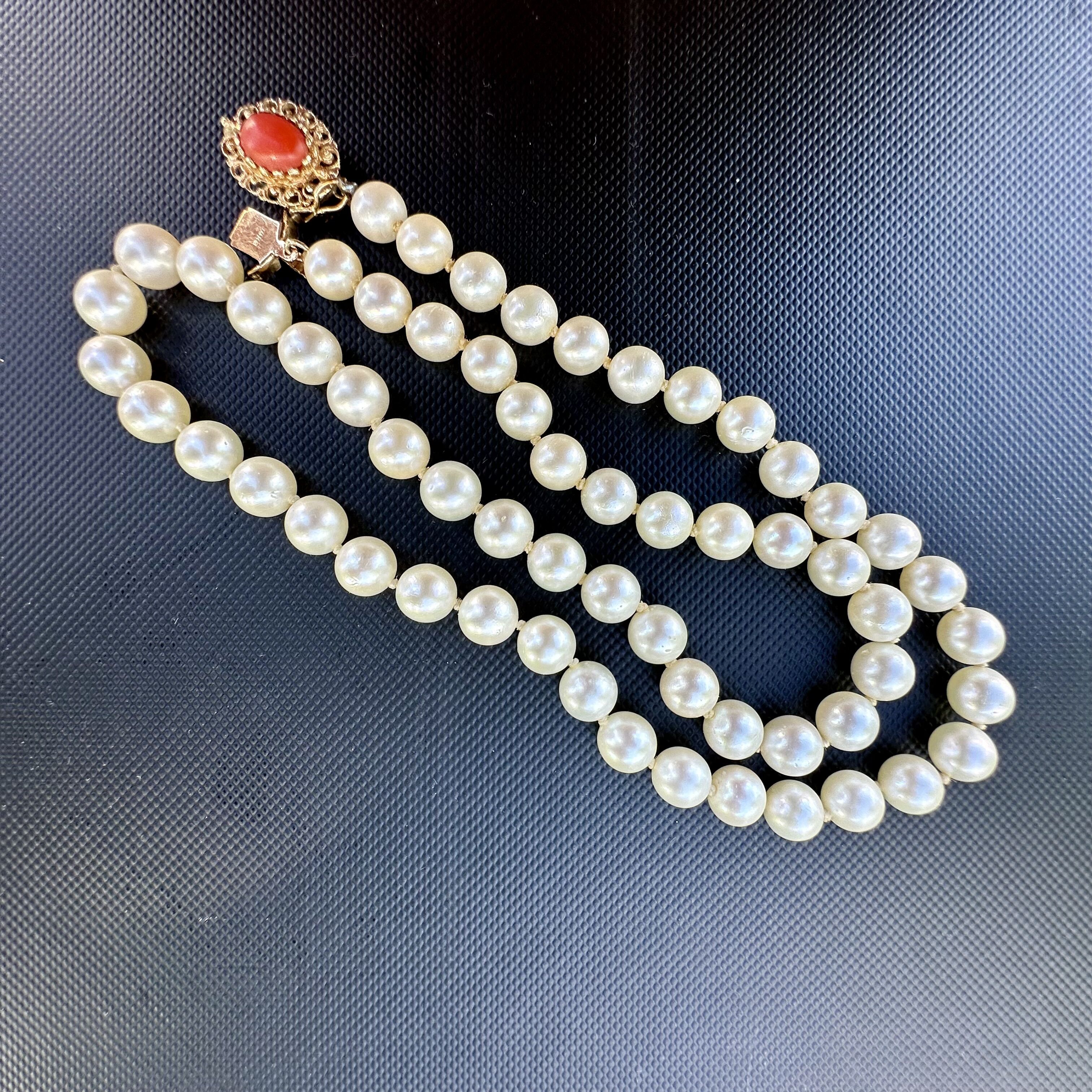 Individually Knotted Pearl Necklace with 14K Yellow Gold Coral Clasp - Image 5