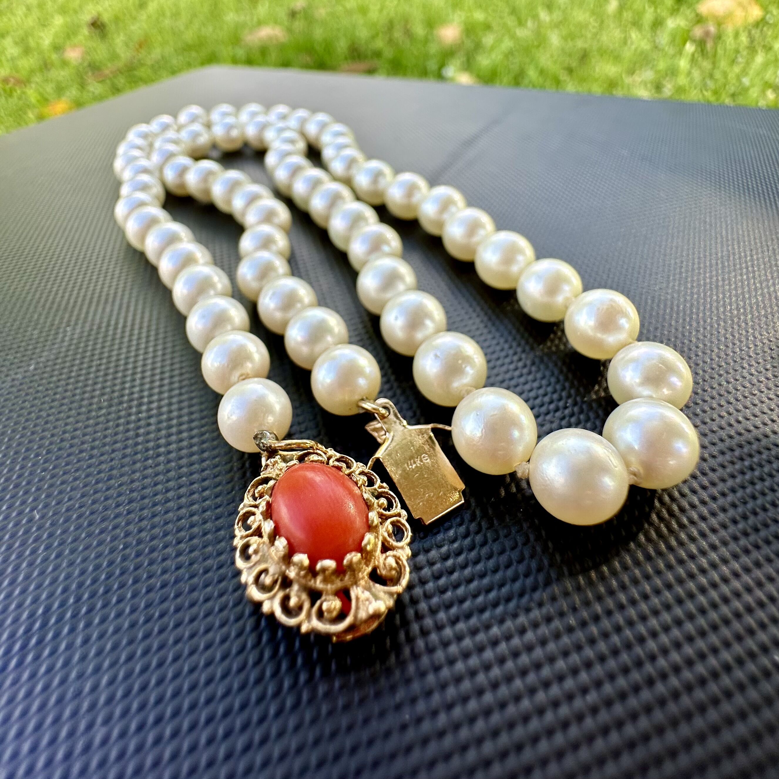 Individually Knotted Pearl Necklace with 14K Yellow Gold Coral Clasp - Image 2