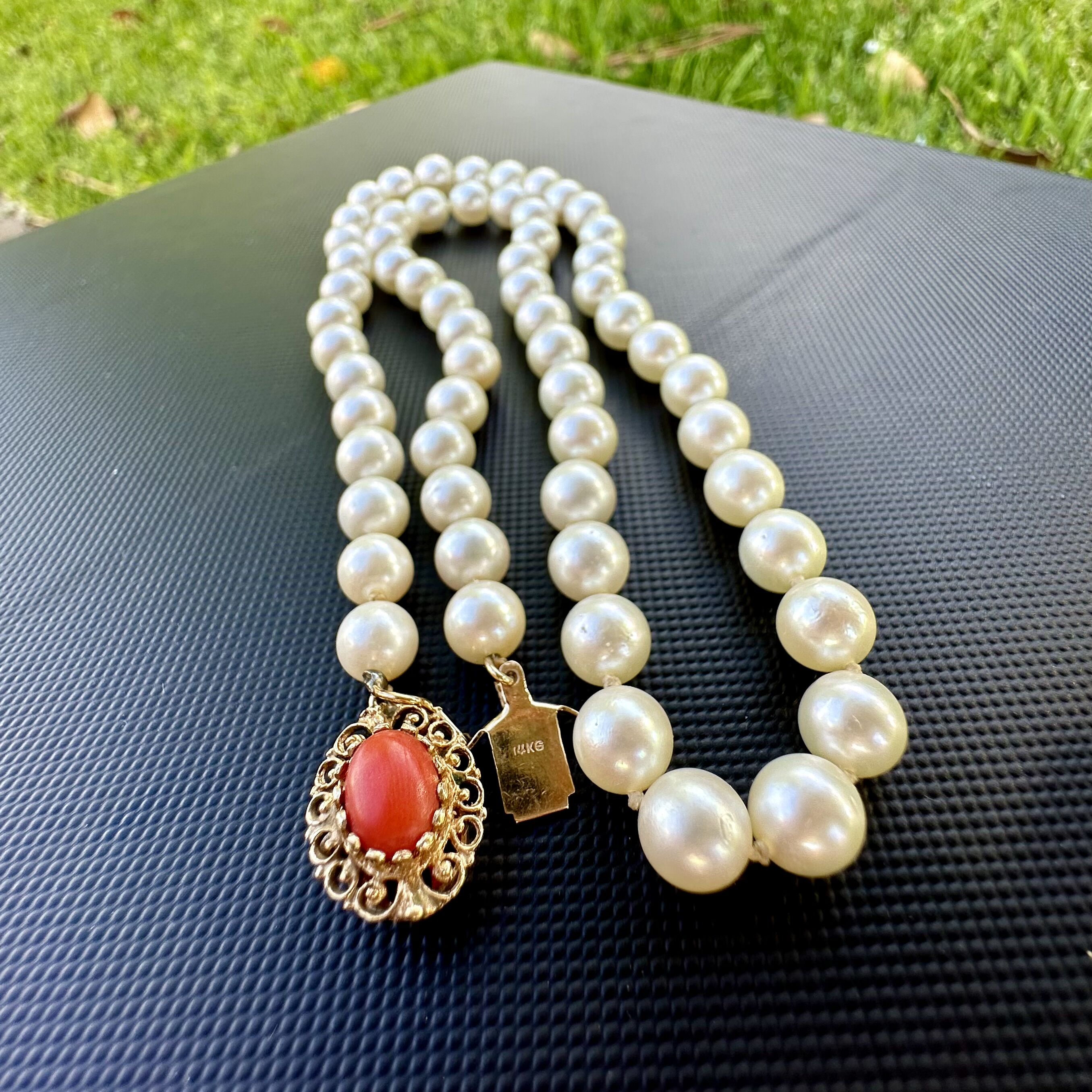 Individually Knotted Pearl Necklace with 14K Yellow Gold Coral Clasp - Image 3