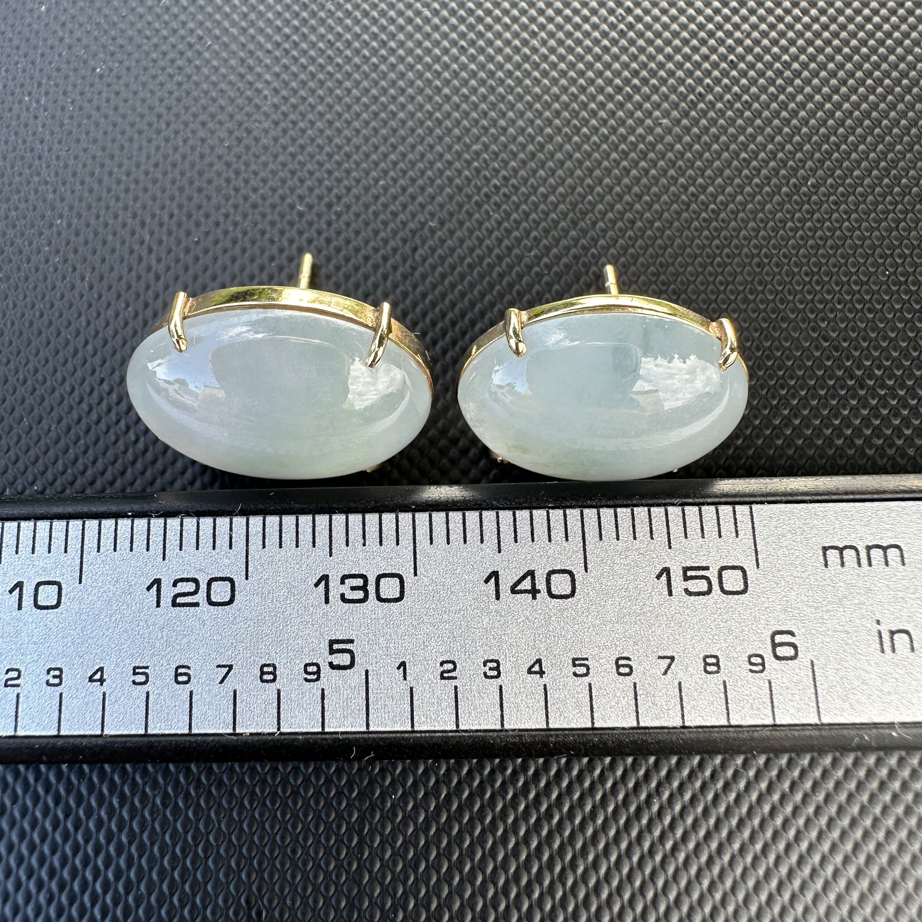 Large 14K Grade A Jade Cabochon Stud Earrings | White & Blushish Gray - Image 8