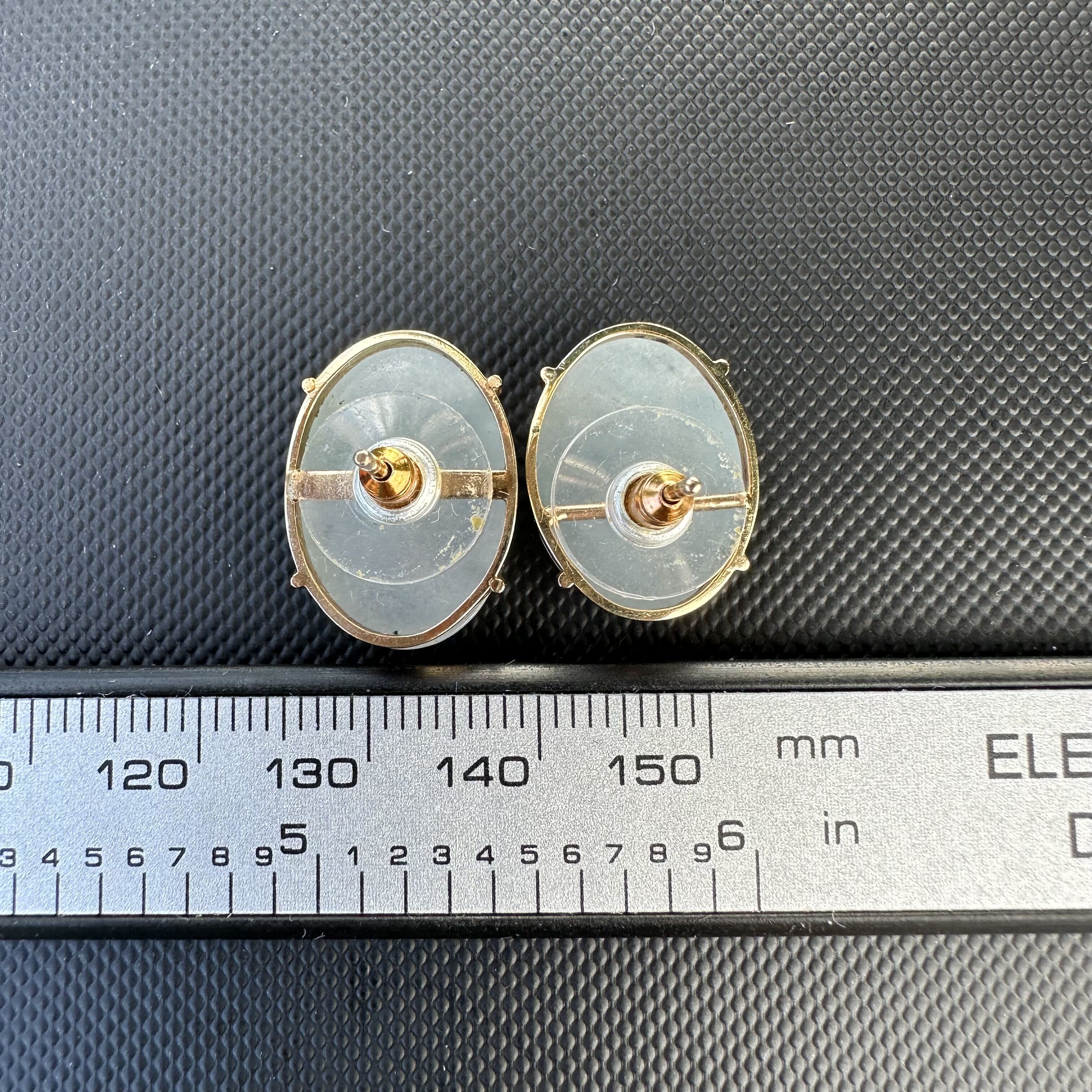 Large 14K Grade A Jade Cabochon Stud Earrings | White & Blushish Gray - Image 7