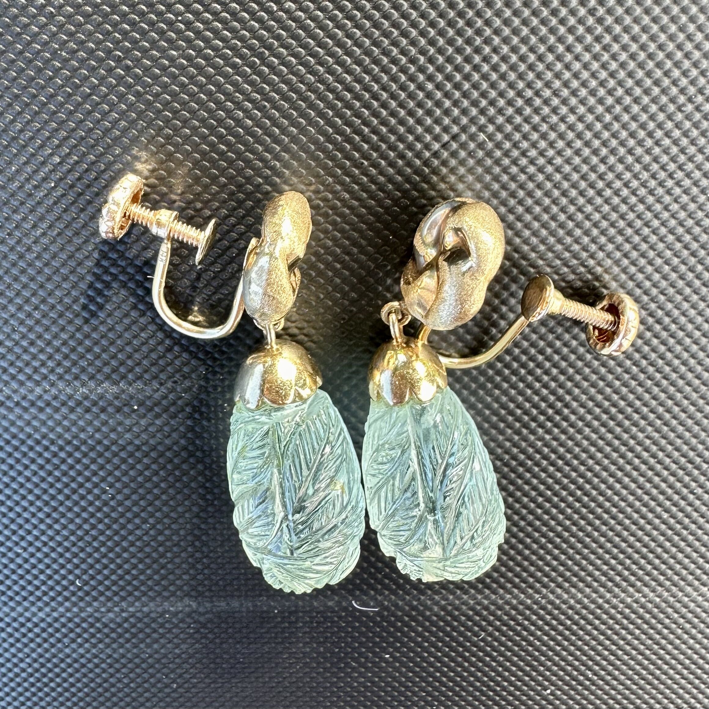 14K Botanical Leaves Carved Blue Topaz Swirl Yellow Gold Screw Back Earrings - Image 4