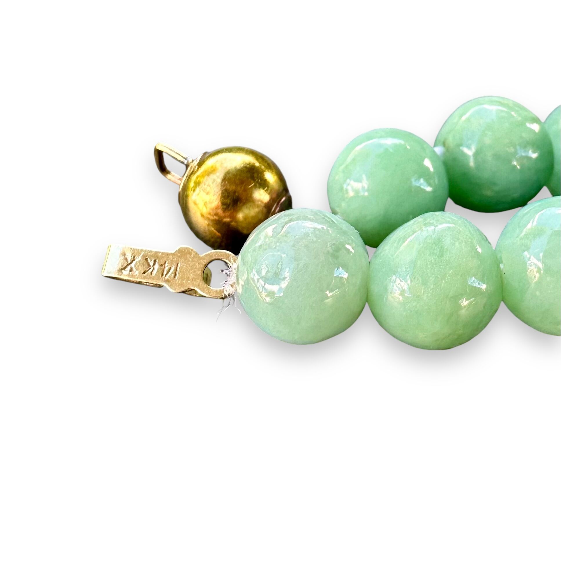 Light Green Jade Beaded Necklace with 14K Yellow Gold Claps - Image 6
