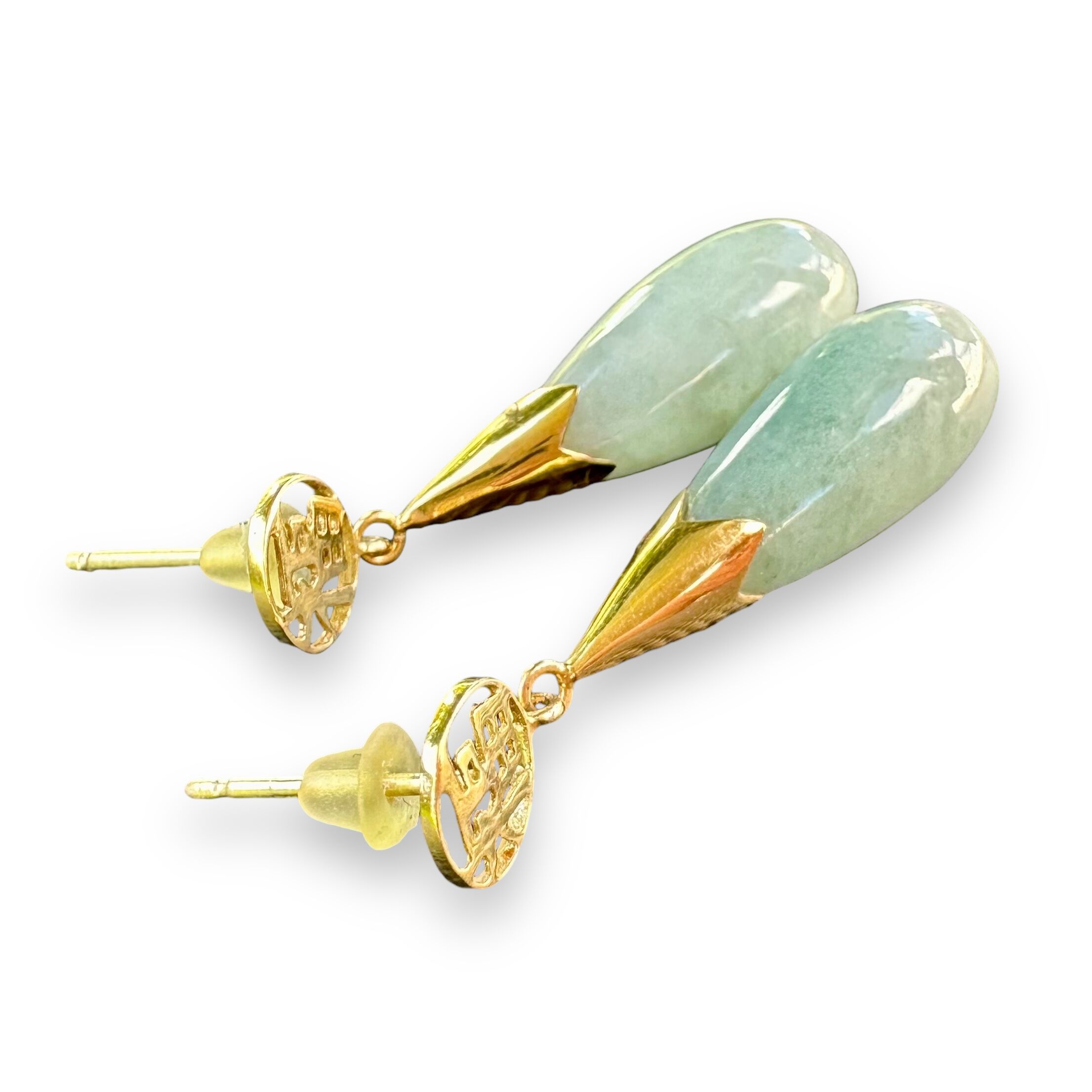 Vintage 14K Gold Light Green Jadeite Teardrop Push Back Stud Dangle Earrings - Image 3