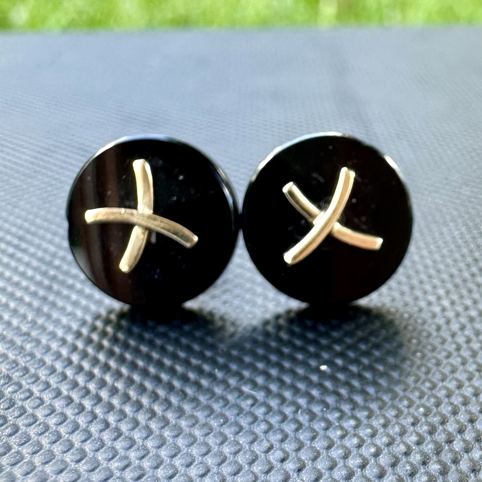 Vintage 14K Yellow Gold Black Onyx Button Stud Earrings with X Cross | Elegant Everyday Jewelry