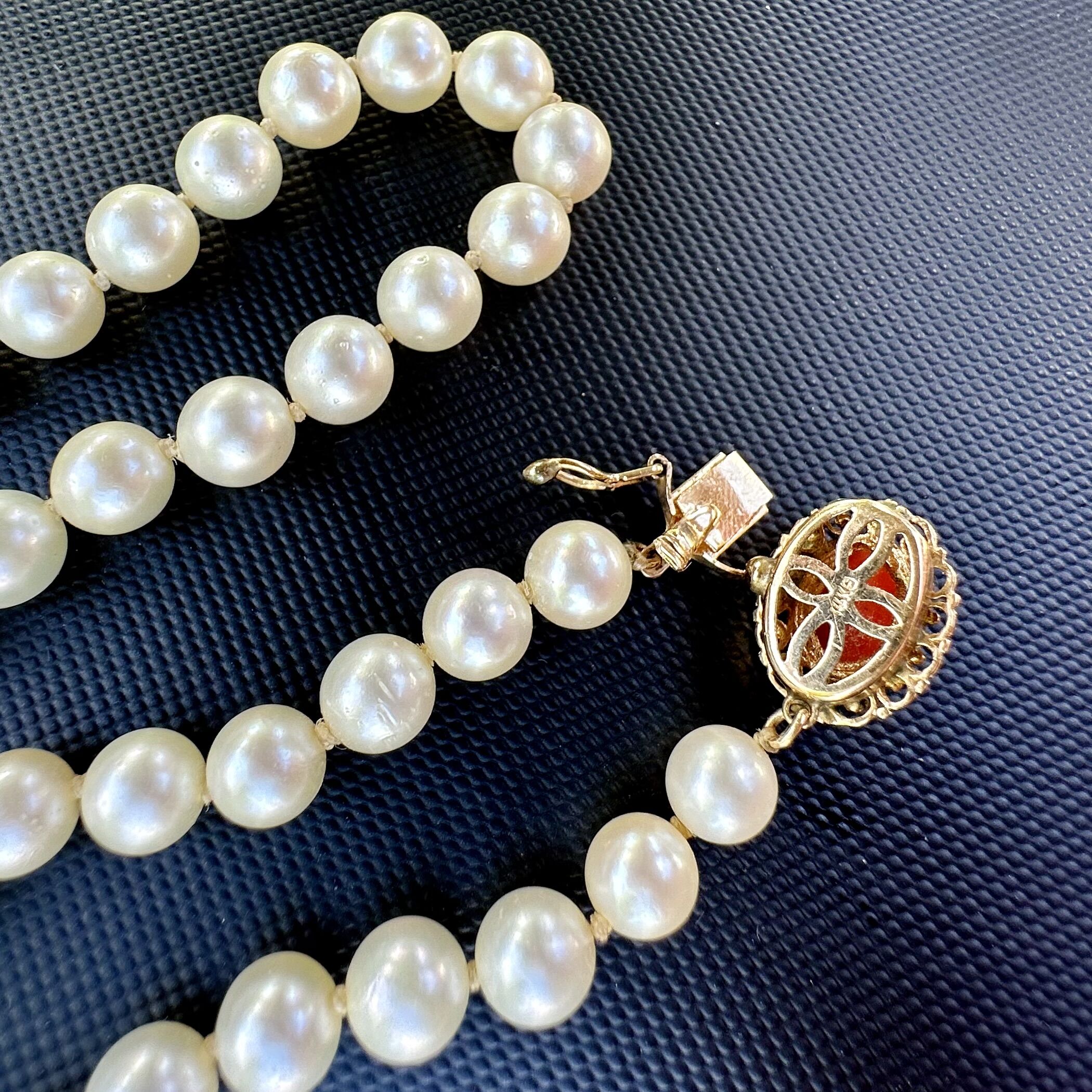 Individually Knotted Pearl Necklace with 14K Yellow Gold Coral Clasp - Image 4