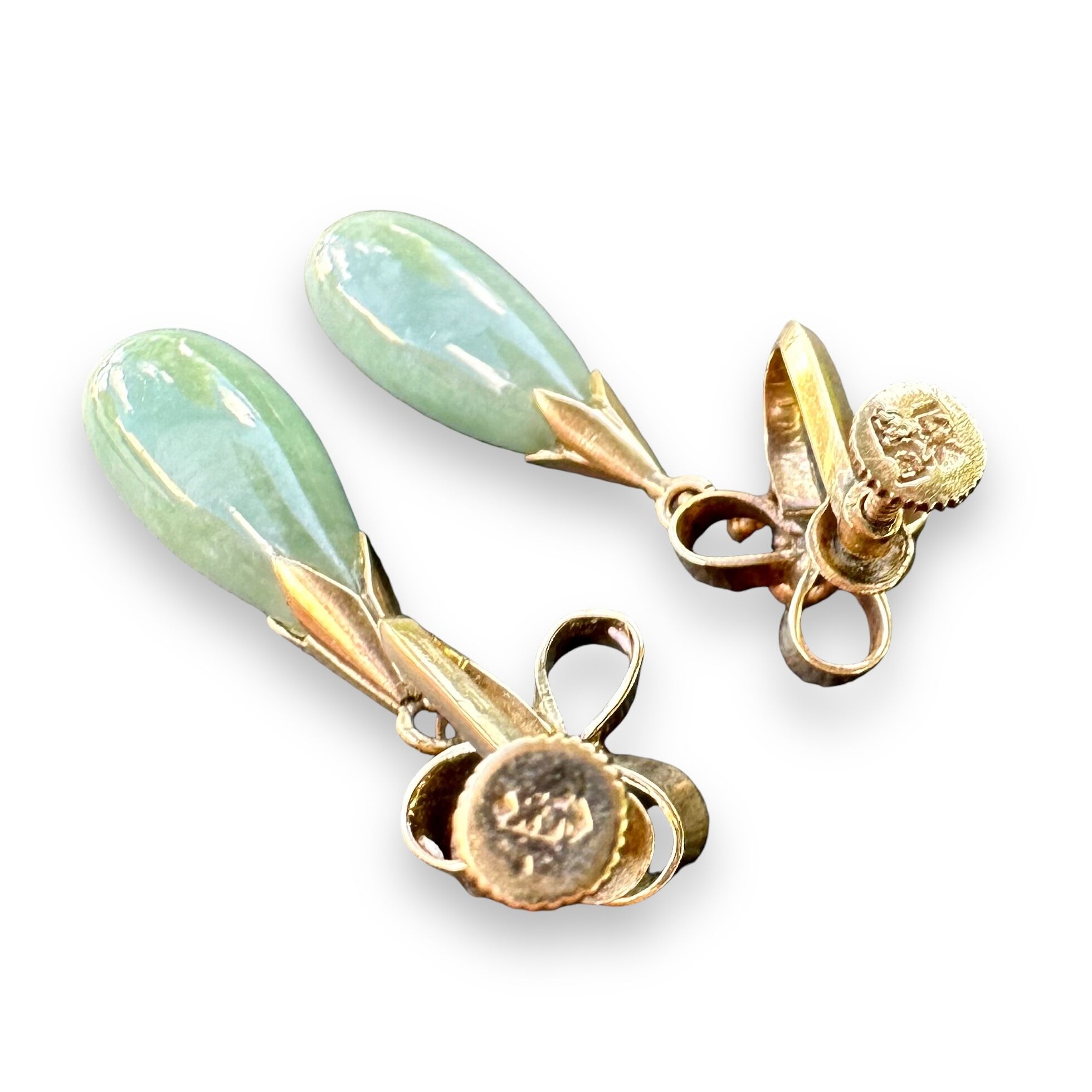 Vintage 14K Gold Dangle Earrings | Green Jade Drop Earrings with Screw Backs | 7.61g - Image 6