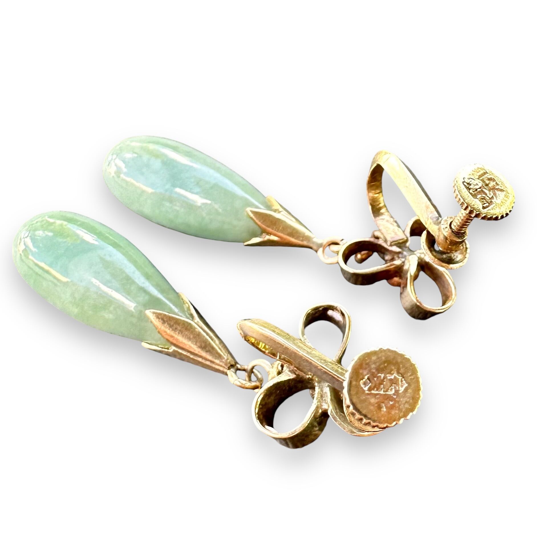 Vintage 14K Gold Dangle Earrings | Green Jade Drop Earrings with Screw Backs | 7.61g - Image 11